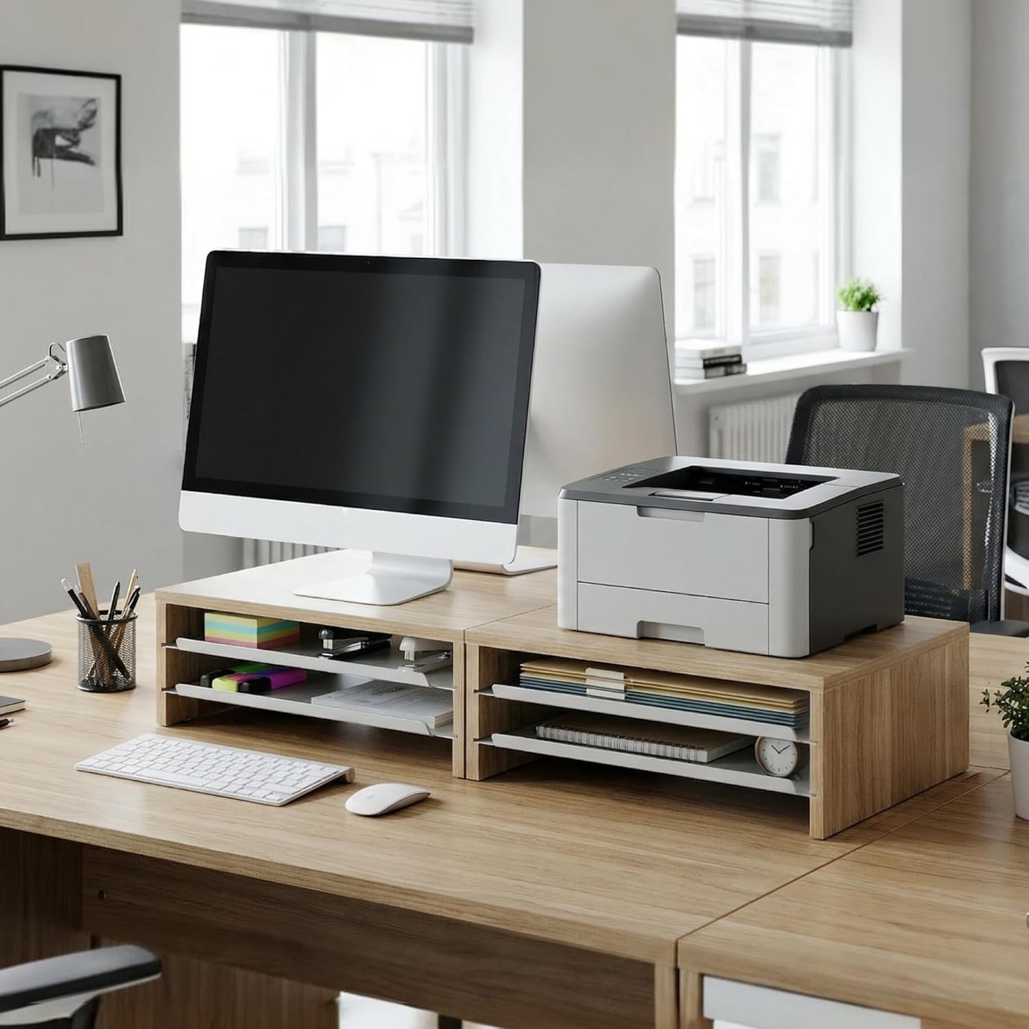 image:imageFenge Monitor Stand 3Tier Monitor Riser with SlideOut Tray Wooden and Metal Desktop Organizer for Home Office Computer Laptop Printer TelephoneOak