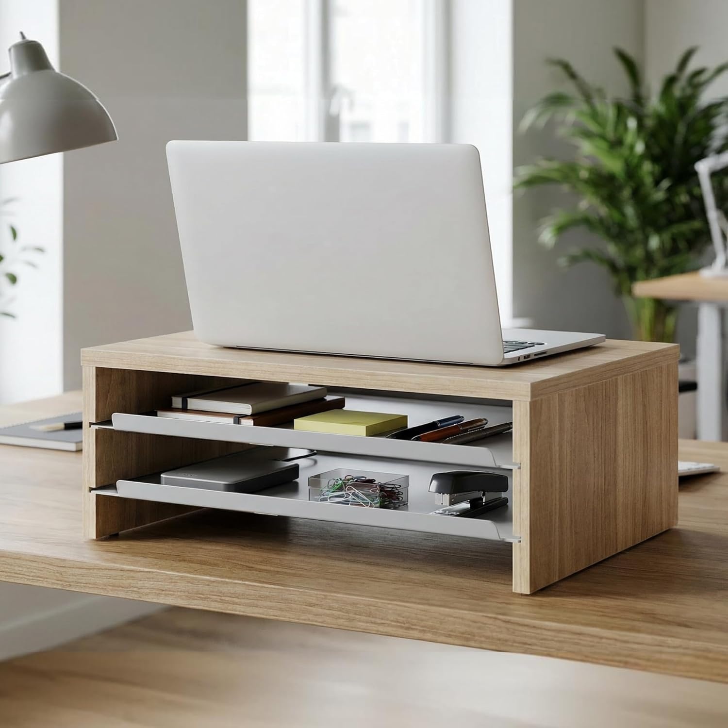 image:imageFenge Monitor Stand 3Tier Monitor Riser with SlideOut Tray Wooden and Metal Desktop Organizer for Home Office Computer Laptop Printer TelephoneOak