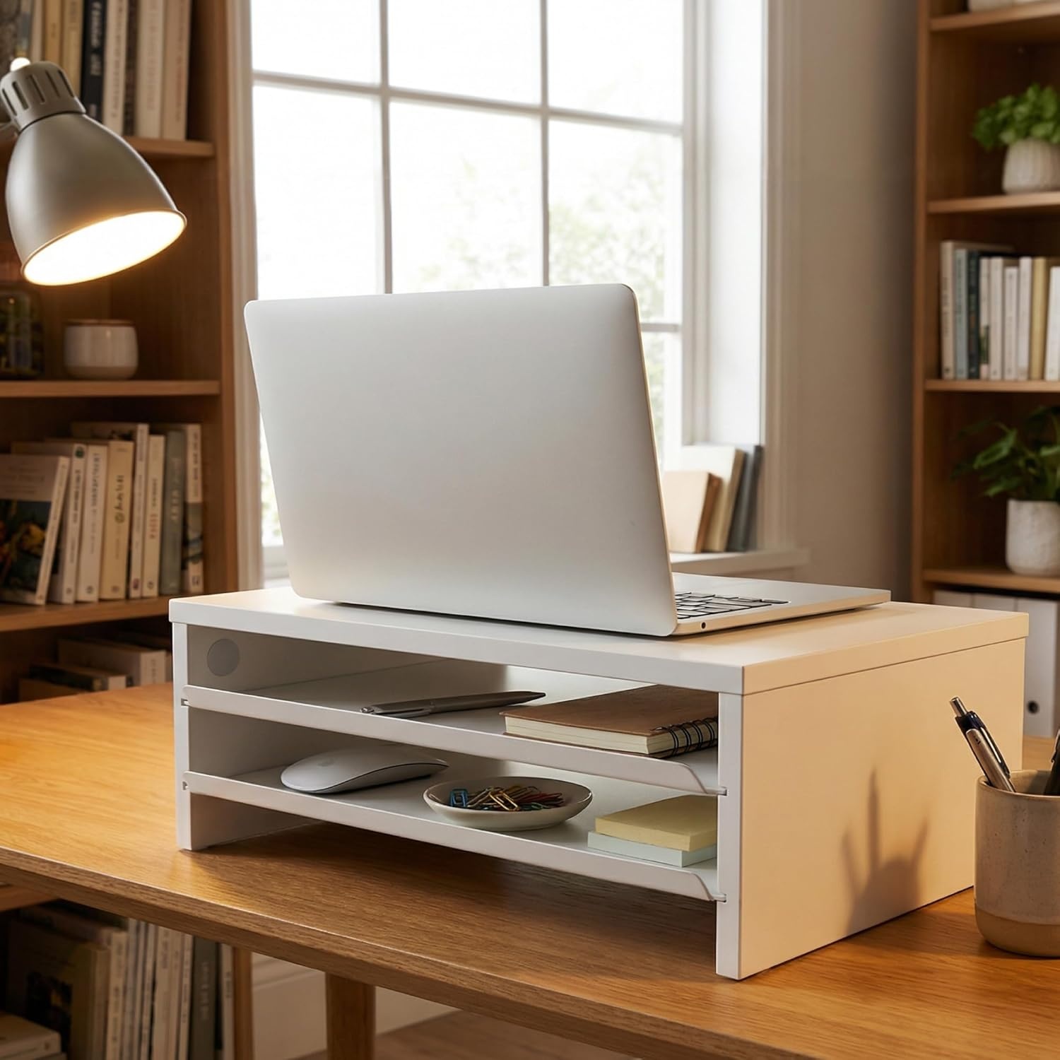 image:imageFenge Monitor Stand 3Tier Monitor Riser with SlideOut Tray Wooden and Metal Desktop Organizer for Home Office Computer Laptop Printer TelephoneWhite