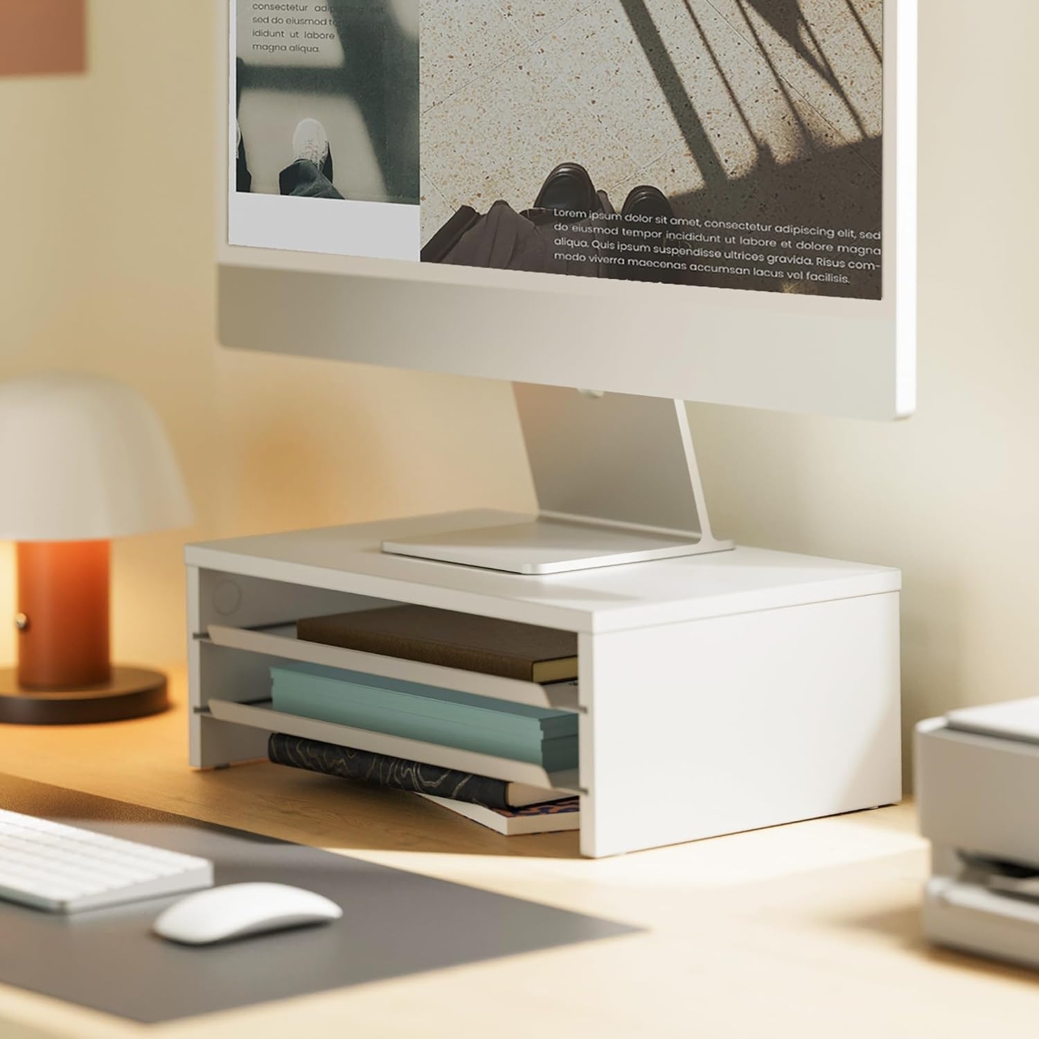 image:imageFenge Monitor Stand 3Tier Monitor Riser with SlideOut Tray Wooden and Metal Desktop Organizer for Home Office Computer Laptop Printer TelephoneWhite