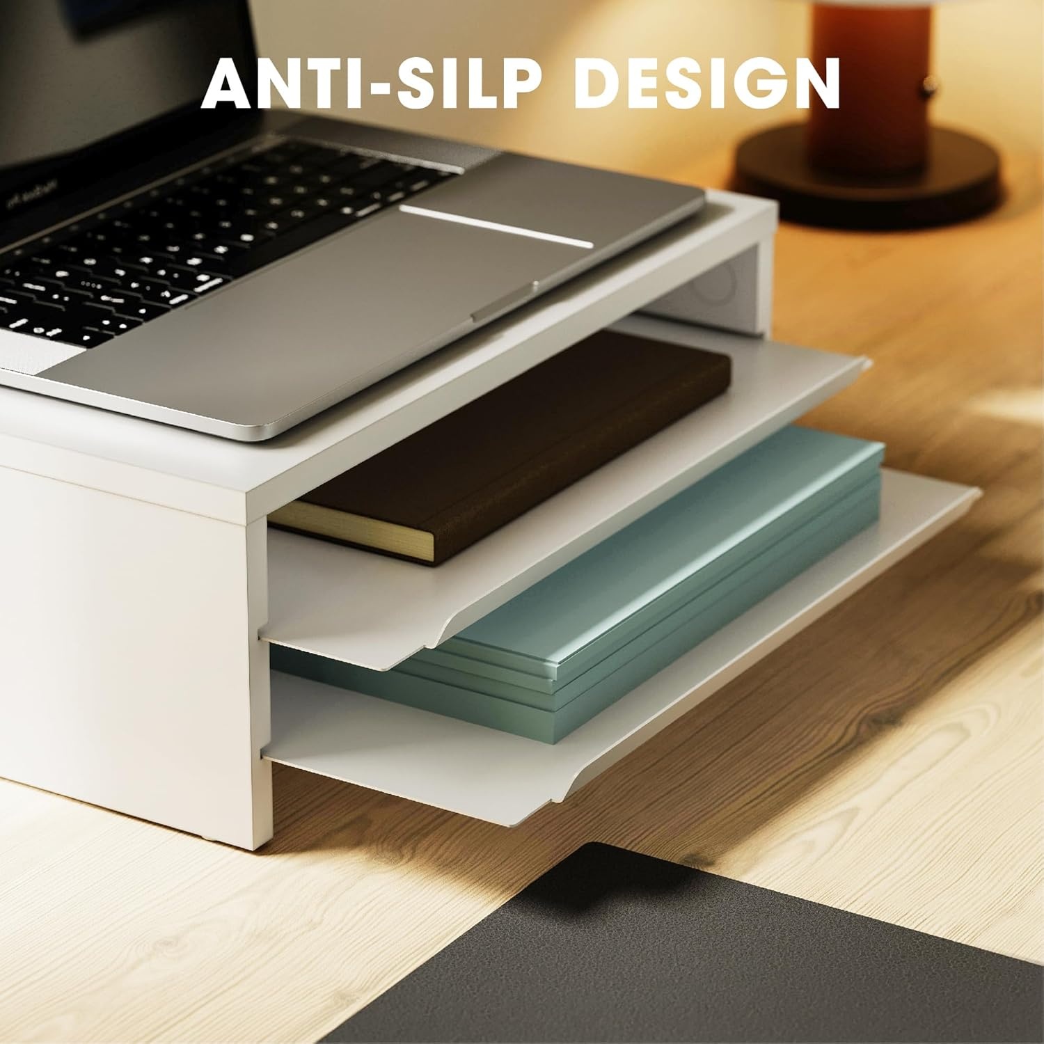 image:imageFenge Monitor Stand 3Tier Monitor Riser with SlideOut Tray Wooden and Metal Desktop Organizer for Home Office Computer Laptop Printer TelephoneWhite