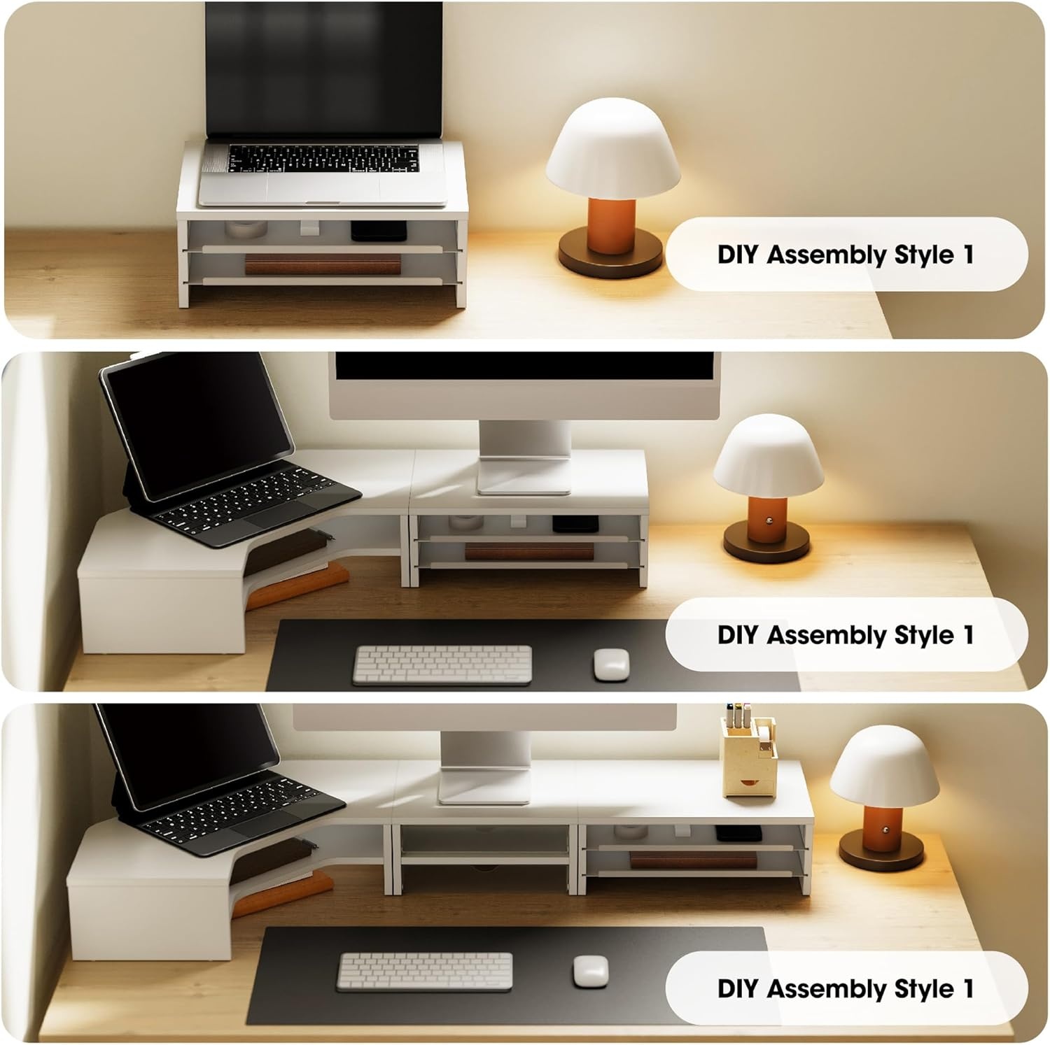 image:imageFenge Monitor Stand 3Tier Monitor Riser with SlideOut Tray Wooden and Metal Desktop Organizer for Home Office Computer Laptop Printer TelephoneWhite