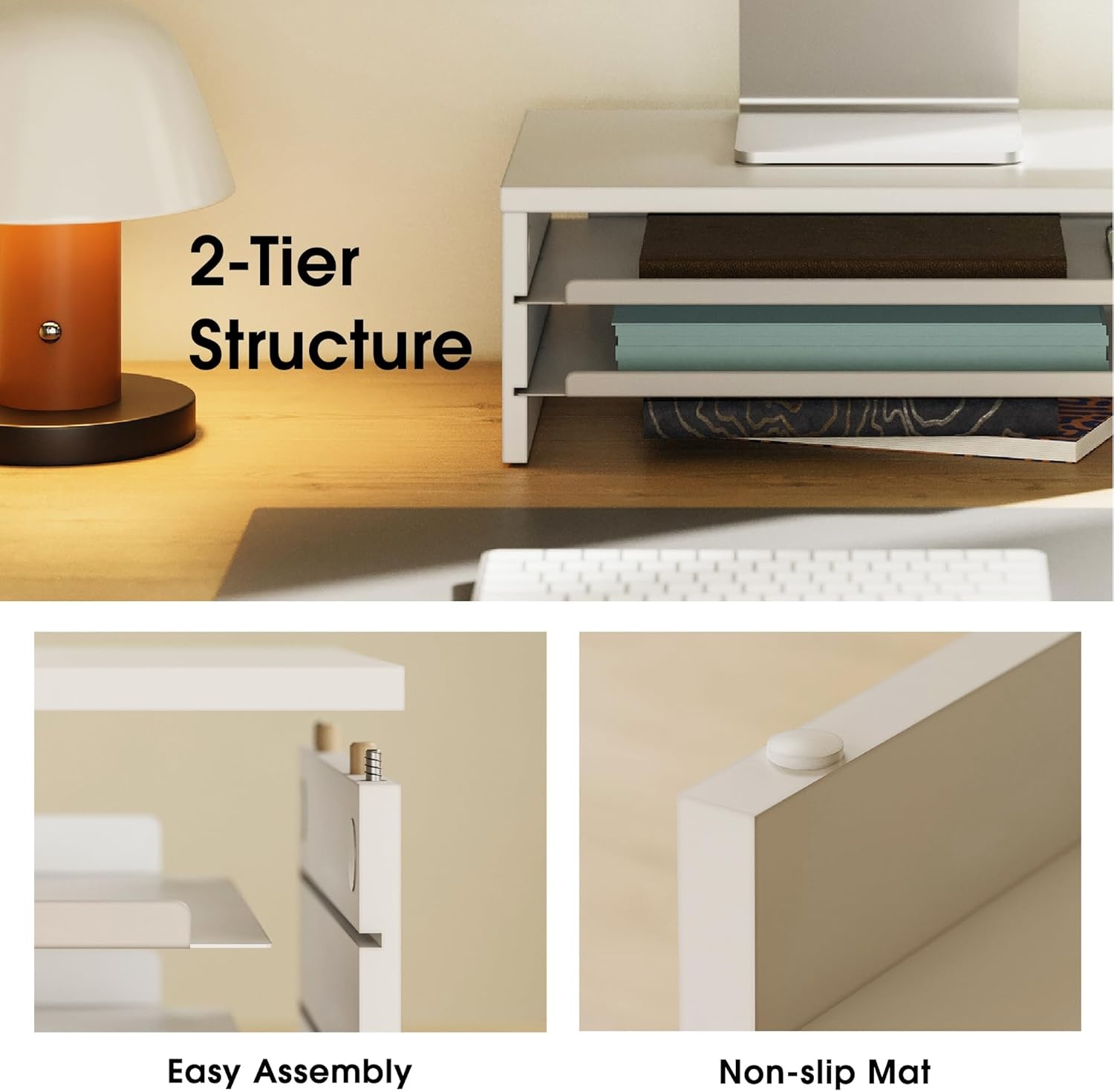 image:imageFenge Monitor Stand 3Tier Monitor Riser with SlideOut Tray Wooden and Metal Desktop Organizer for Home Office Computer Laptop Printer TelephoneWhite