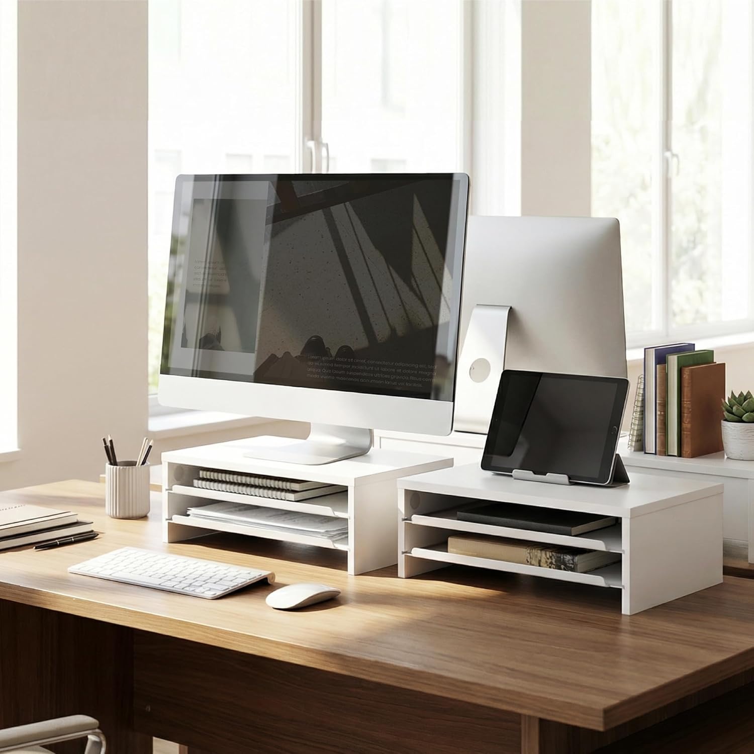 image:imageFenge Monitor Stand 3Tier Monitor Riser with SlideOut Tray Wooden and Metal Desktop Organizer for Home Office Computer Laptop Printer TelephoneWhite