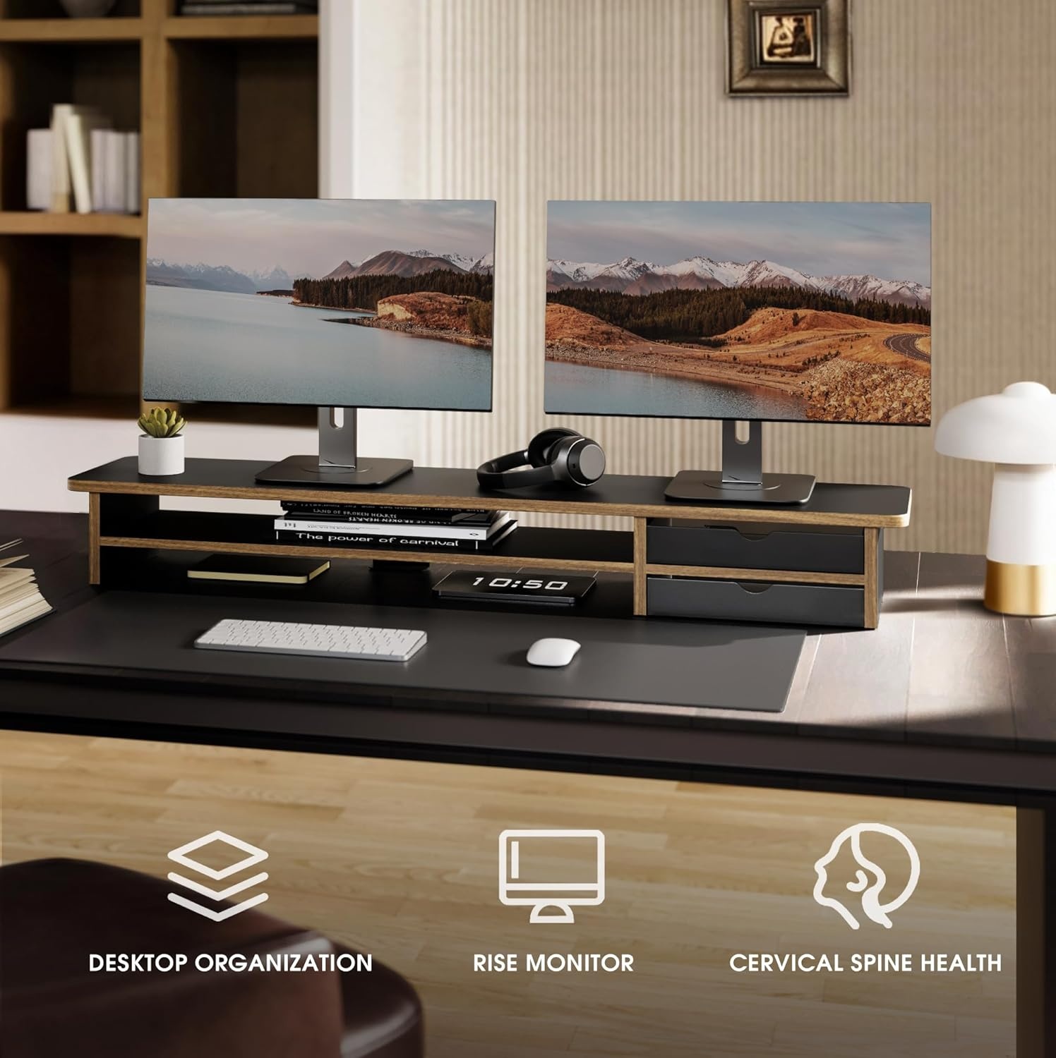 image:imageFenge Monitor Stand Dual Monitor Riser 425inch Large Desk Computer Monitor Stand Riser with Drawer 2 Tier Wood amp Acrylic Desktop Organizer for Computer Laptop Printer TV Screen RiserBlack