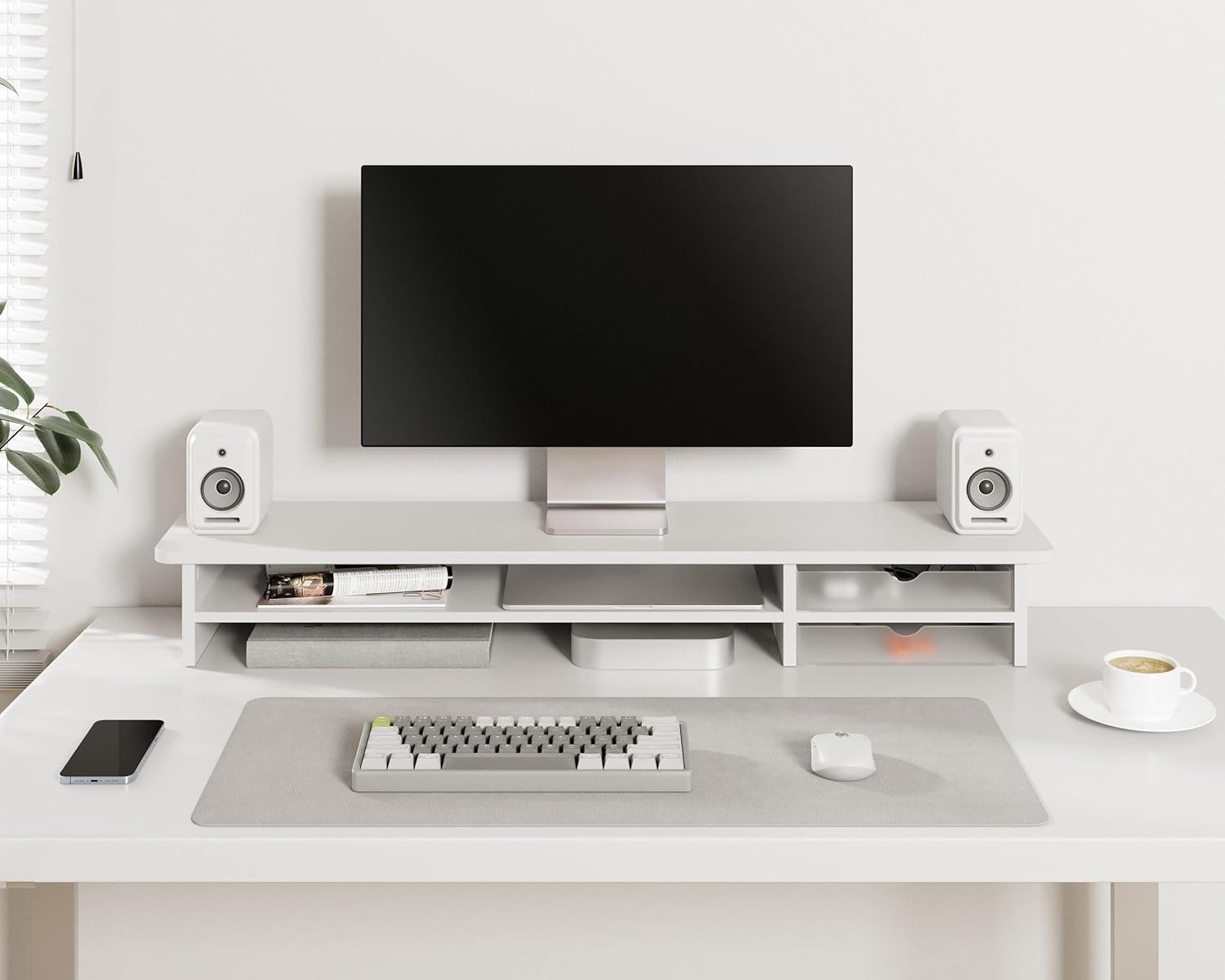 image:imageFenge Monitor Stand Dual Monitor Riser 425inch Large Desk Computer Monitor Stand Riser with Drawer 2 Tier Wood amp Acrylic Desktop Organizer for Computer Laptop Printer TV Screen RiserWhite