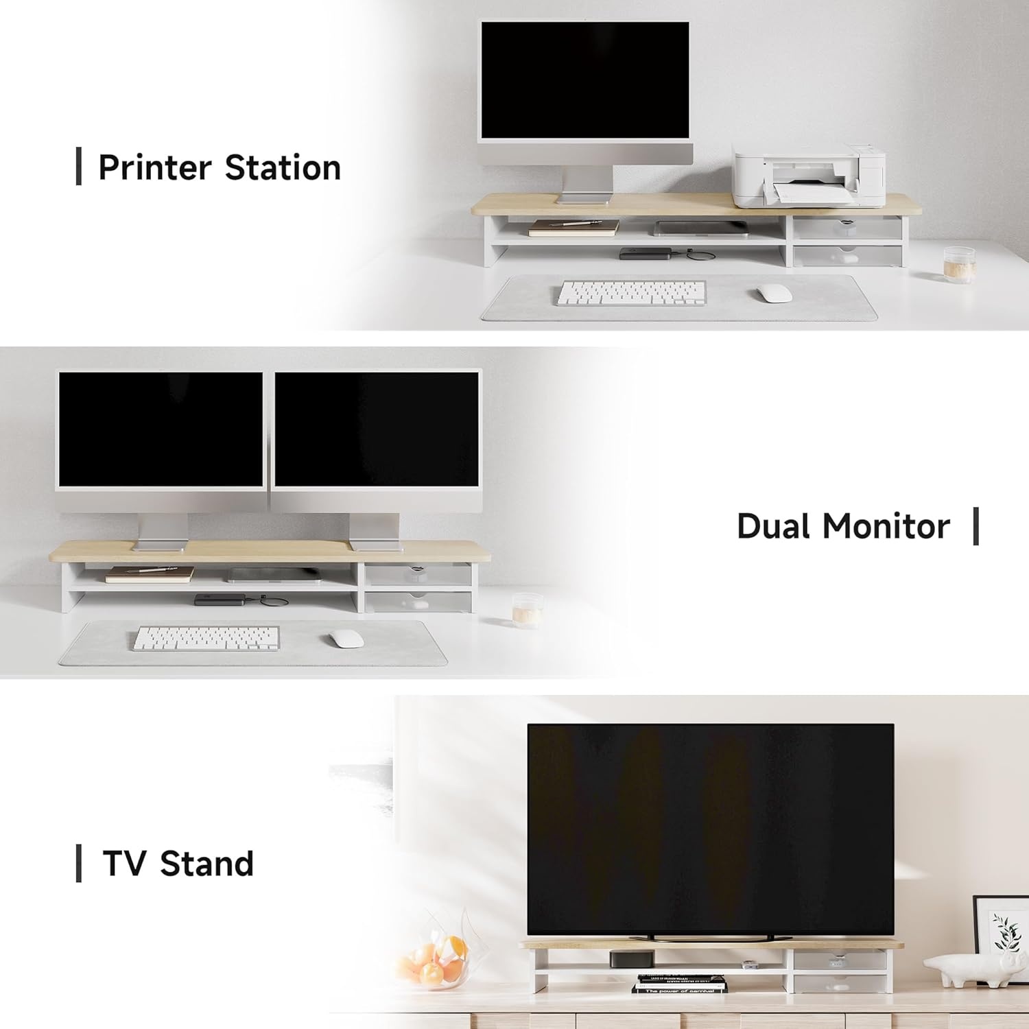 image:imageFenge Monitor Stand Dual Monitor Riser 425inch Large Desk Computer Monitor Stand Riser with Drawer 2 Tier Wood amp Acrylic Desktop Organizer for Computer Laptop Printer TV Screen RiserOak