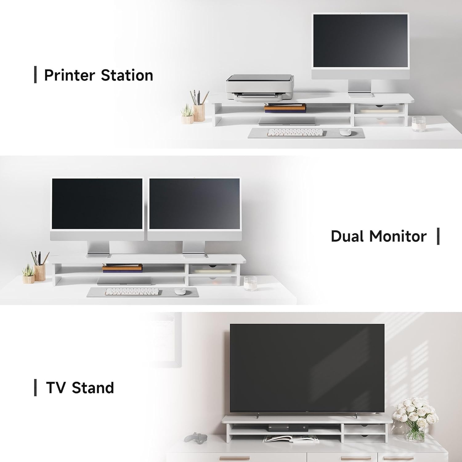 image:imageFenge Monitor Stand Dual Monitor Riser 425inch Large Desk Computer Monitor Stand Riser with Drawer 2 Tier Wood amp Acrylic Desktop Organizer for Computer Laptop Printer TV Screen RiserWhite