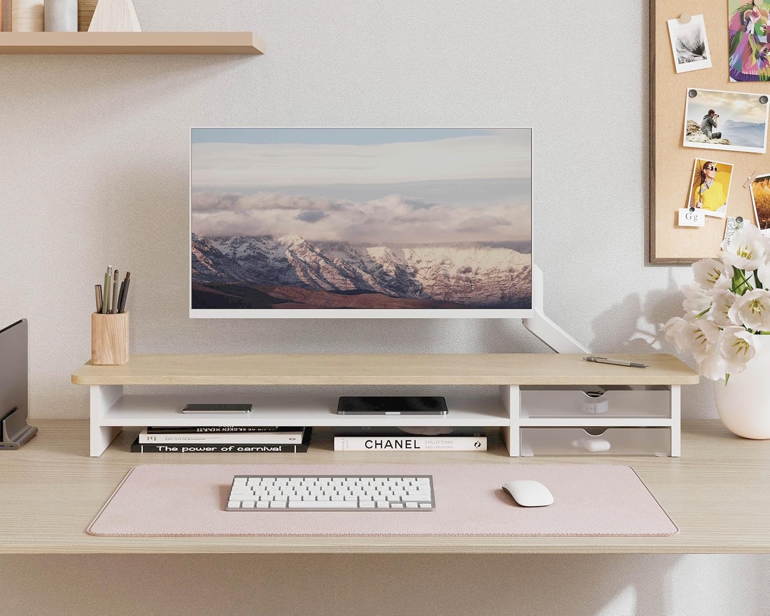 image:imageFenge Monitor Stand Dual Monitor Riser 425inch Large Desk Computer Monitor Stand Riser with Drawer 2 Tier Wood amp Acrylic Desktop Organizer for Computer Laptop Printer TV Screen RiserOak