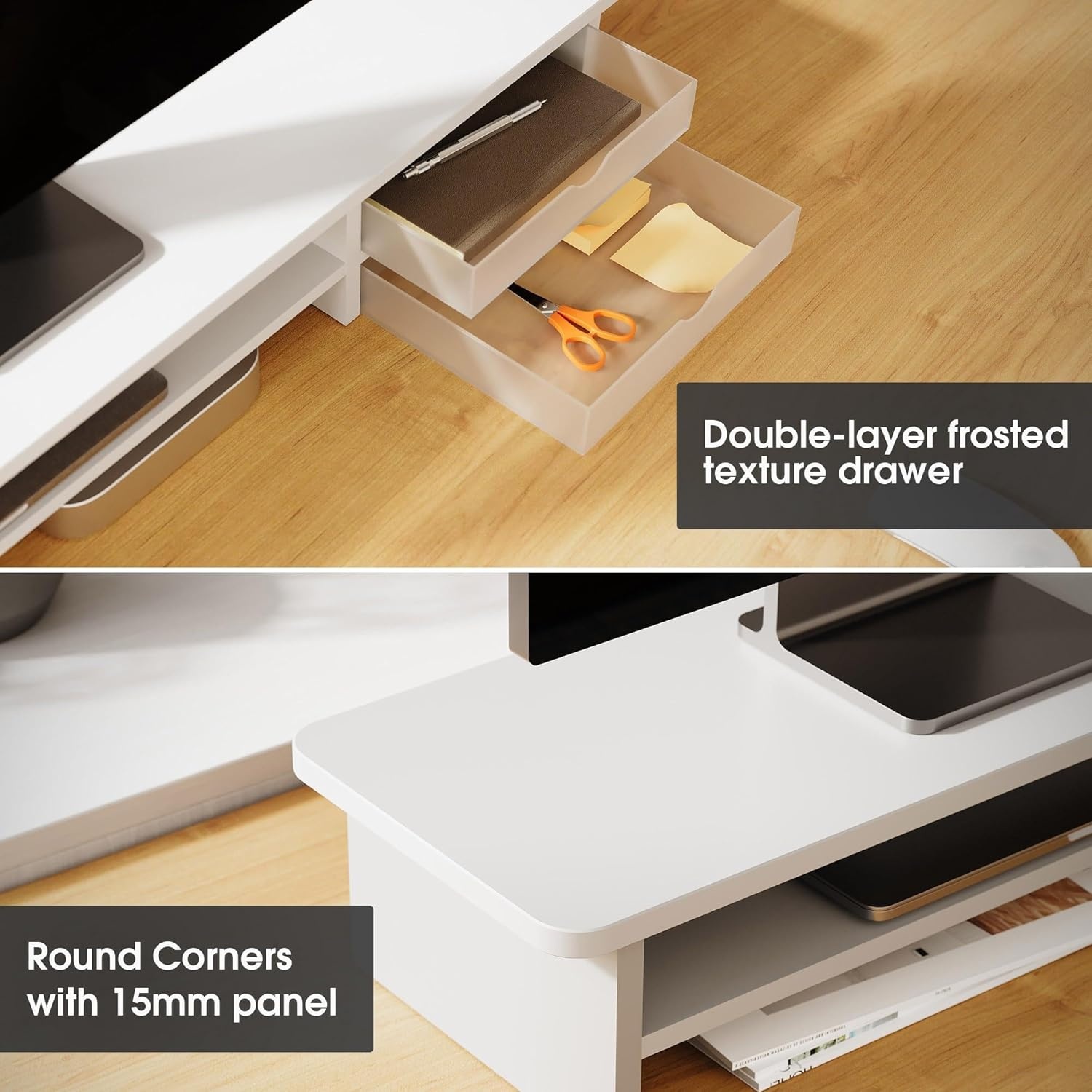 image:imageFenge Monitor Stand Dual Monitor Riser 425inch Large Desk Computer Monitor Stand Riser with Drawer 2 Tier Wood amp Acrylic Desktop Organizer for Computer Laptop Printer TV Screen RiserWhite