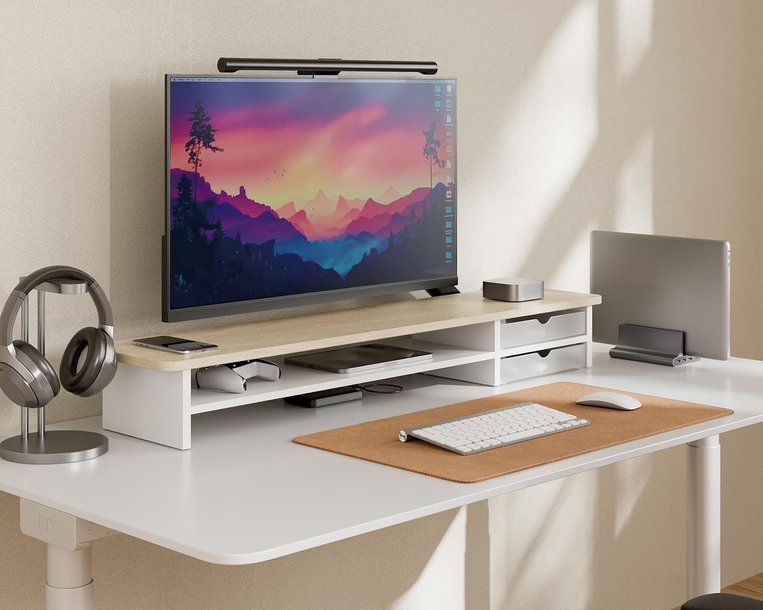 image:imageFenge Monitor Stand Dual Monitor Riser 425inch Large Desk Computer Monitor Stand Riser with Drawer 2 Tier Wood amp Acrylic Desktop Organizer for Computer Laptop Printer TV Screen RiserOak