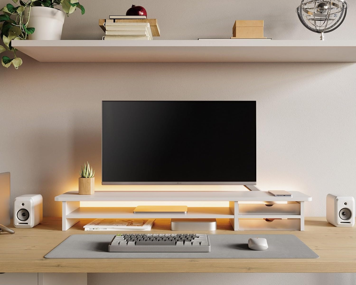 image:imageFenge Monitor Stand Dual Monitor Riser 425inch Large Desk Computer Monitor Stand Riser with Drawer 2 Tier Wood amp Acrylic Desktop Organizer for Computer Laptop Printer TV Screen RiserWhite