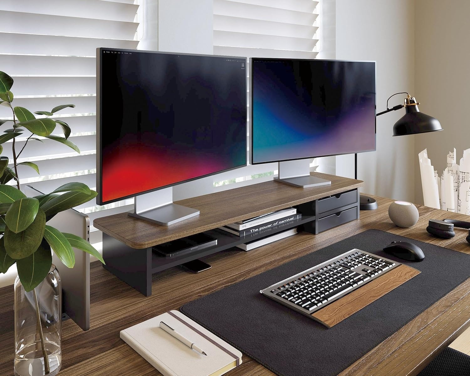 image:imageFenge Monitor Stand Dual Monitor Riser 425inch Large Desk Computer Monitor Stand Riser with Drawer 2 Tier Wood amp Acrylic Desktop Organizer for Computer Laptop Printer TV Screen RiserBrown