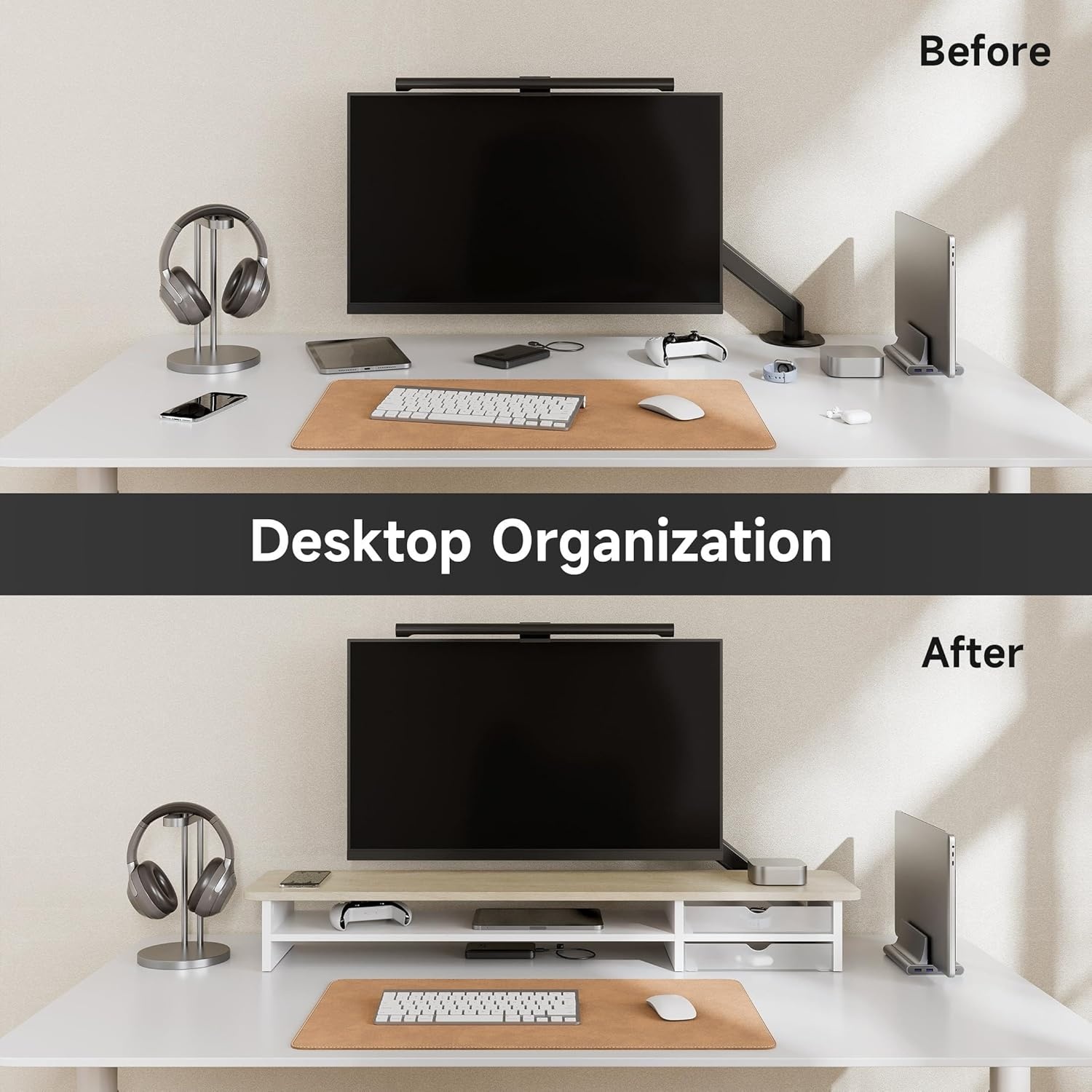 image:imageFenge Monitor Stand Dual Monitor Riser 425inch Large Desk Computer Monitor Stand Riser with Drawer 2 Tier Wood amp Acrylic Desktop Organizer for Computer Laptop Printer TV Screen RiserOak
