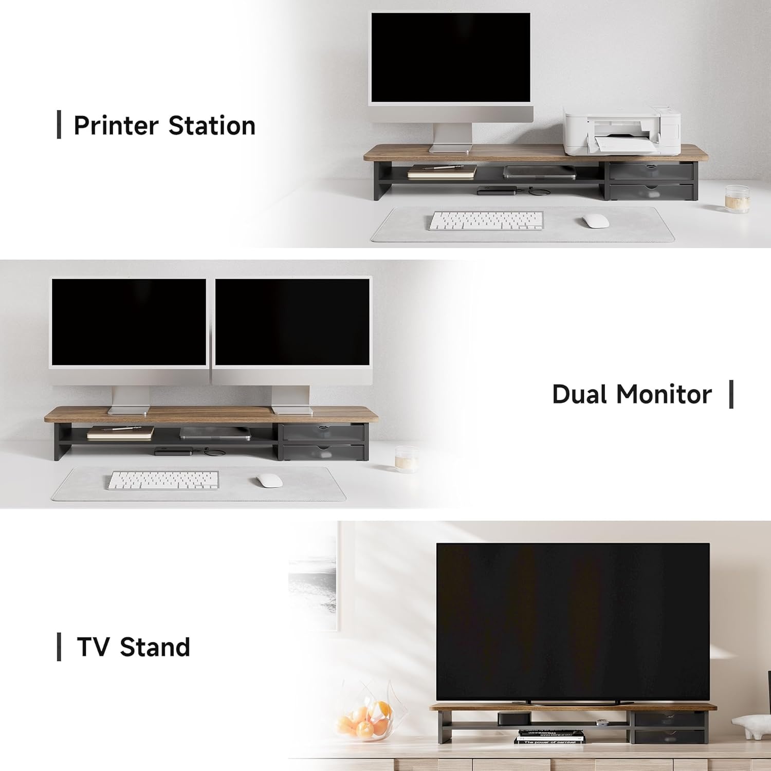 image:imageFenge Monitor Stand Dual Monitor Riser 425inch Large Desk Computer Monitor Stand Riser with Drawer 2 Tier Wood amp Acrylic Desktop Organizer for Computer Laptop Printer TV Screen RiserBrown