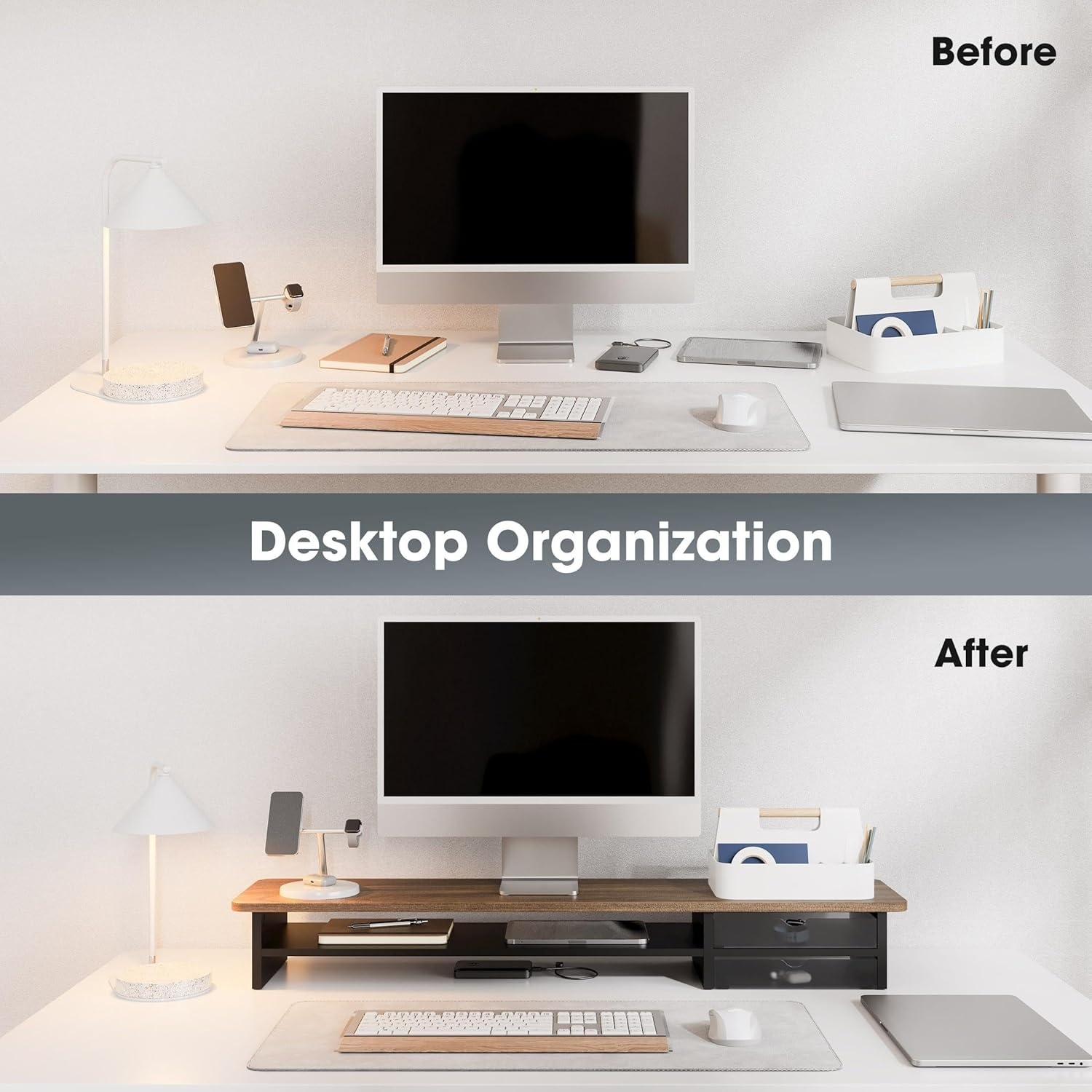 image:imageFenge Monitor Stand Dual Monitor Riser 425inch Large Desk Computer Monitor Stand Riser with Drawer 2 Tier Wood amp Acrylic Desktop Organizer for Computer Laptop Printer TV Screen RiserBrown