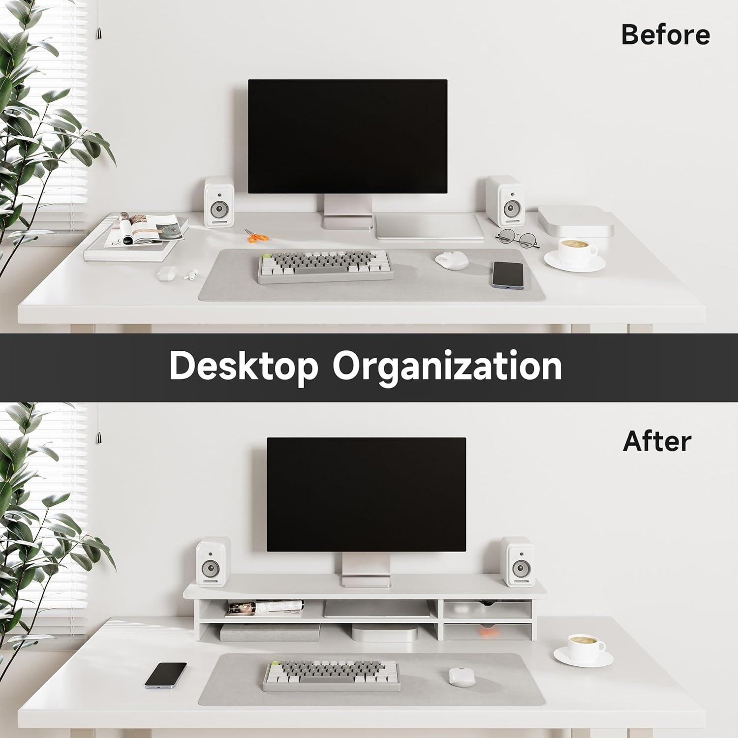 image:imageFenge Monitor Stand Dual Monitor Riser 425inch Large Desk Computer Monitor Stand Riser with Drawer 2 Tier Wood amp Acrylic Desktop Organizer for Computer Laptop Printer TV Screen RiserWhite