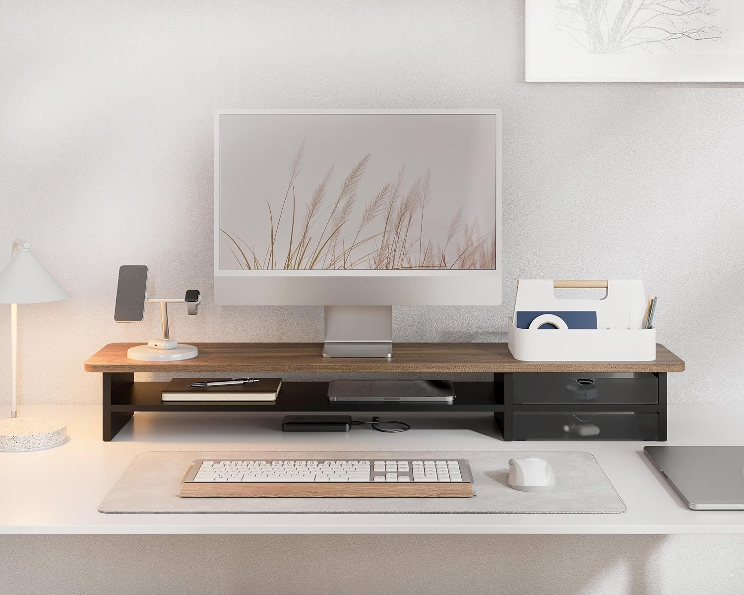 image:imageFenge Monitor Stand Dual Monitor Riser 425inch Large Desk Computer Monitor Stand Riser with Drawer 2 Tier Wood amp Acrylic Desktop Organizer for Computer Laptop Printer TV Screen RiserBrown