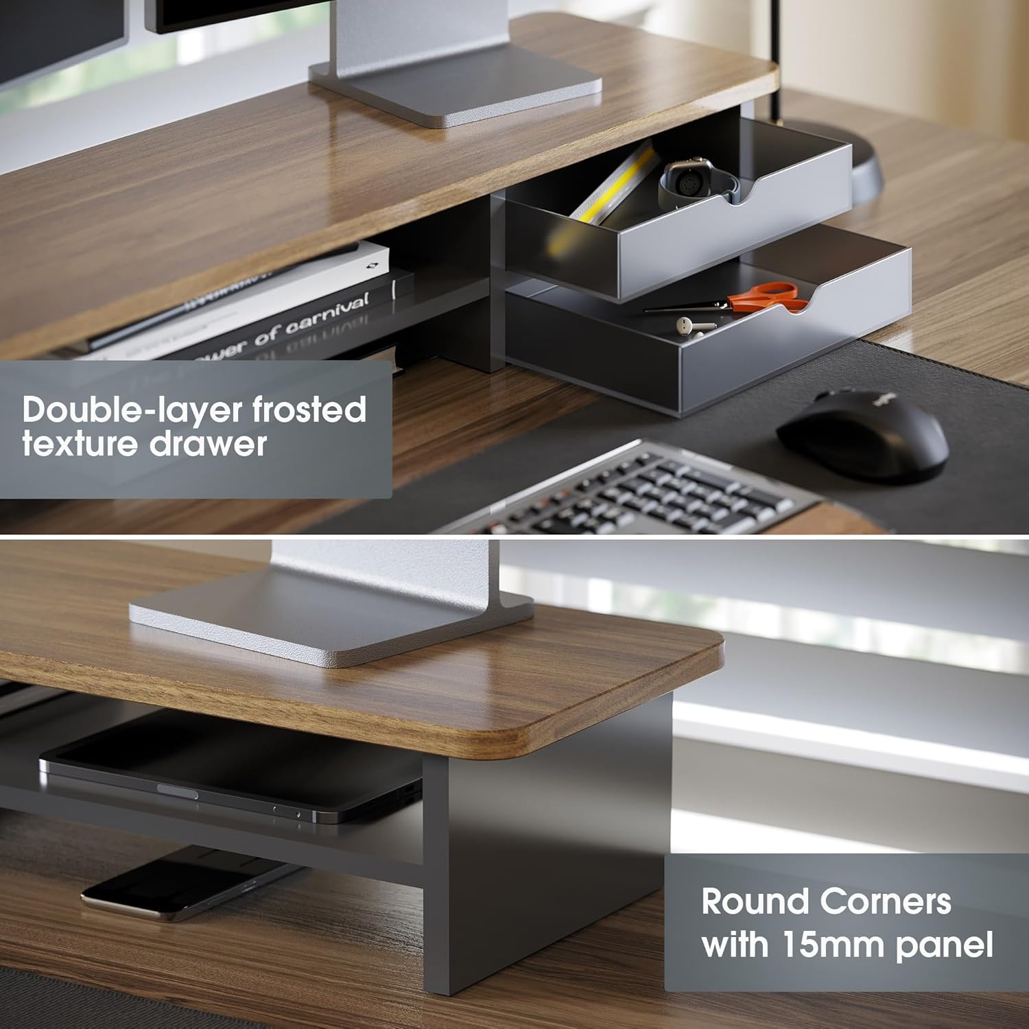 image:imageFenge Monitor Stand Dual Monitor Riser 425inch Large Desk Computer Monitor Stand Riser with Drawer 2 Tier Wood amp Acrylic Desktop Organizer for Computer Laptop Printer TV Screen RiserBrown