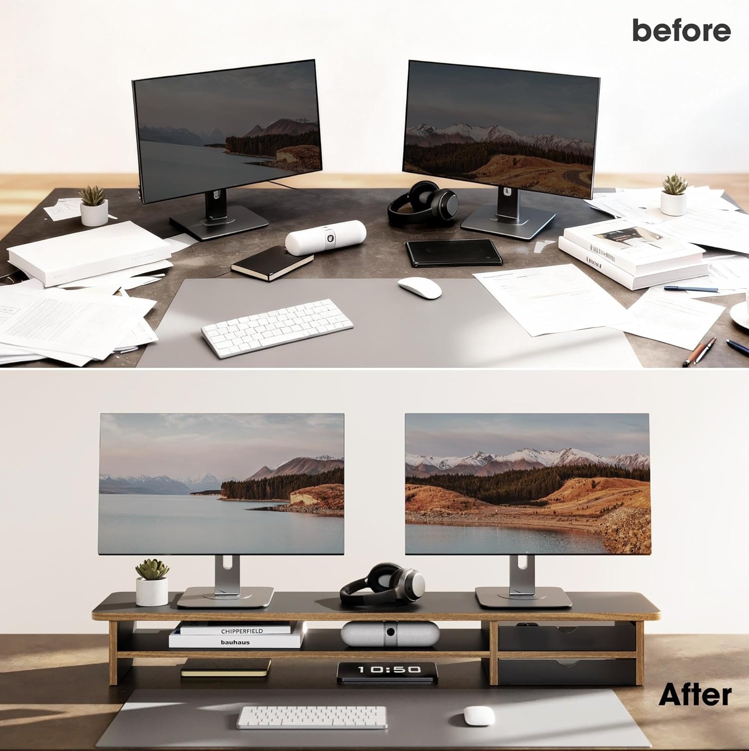 image:imageFenge Monitor Stand Dual Monitor Riser 425inch Large Desk Computer Monitor Stand Riser with Drawer 2 Tier Wood amp Acrylic Desktop Organizer for Computer Laptop Printer TV Screen RiserBlack