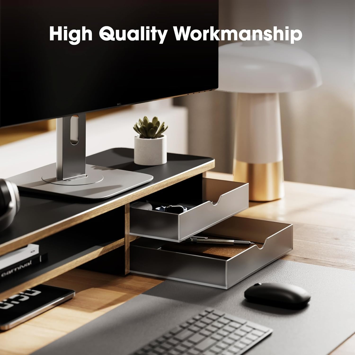 image:imageFenge Monitor Stand Dual Monitor Riser 425inch Large Desk Computer Monitor Stand Riser with Drawer 2 Tier Wood amp Acrylic Desktop Organizer for Computer Laptop Printer TV Screen RiserBlack