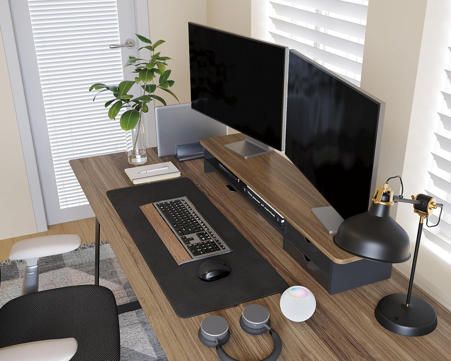 image:imageFenge Monitor Stand Dual Monitor Riser 425inch Large Desk Computer Monitor Stand Riser with Drawer 2 Tier Wood amp Acrylic Desktop Organizer for Computer Laptop Printer TV Screen RiserBrown