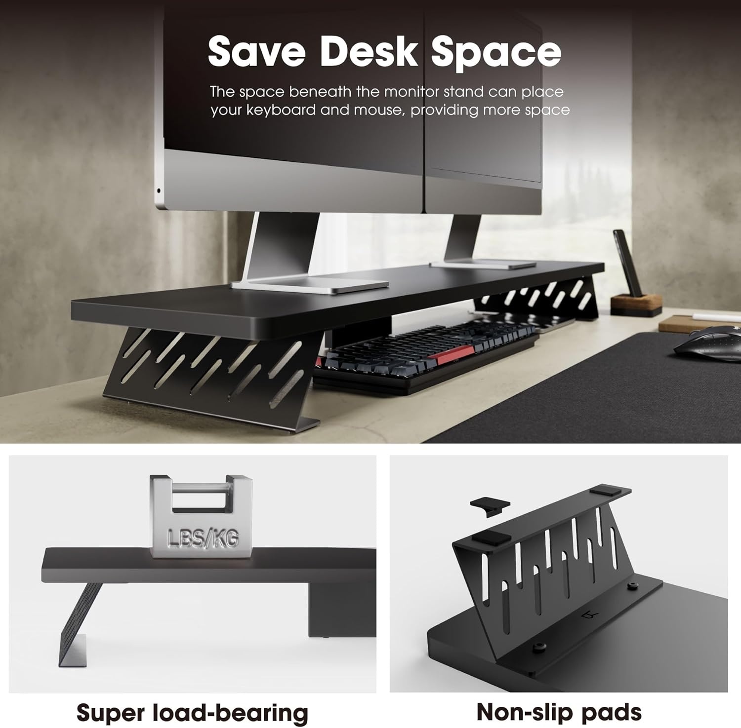 image:imageFenge Monitor Stand Riser Desk Top Shelf for 2 Monitors Computer Stands for Desk Wood amp Steel Desktop Riser for Laptop PC PrinterBlack