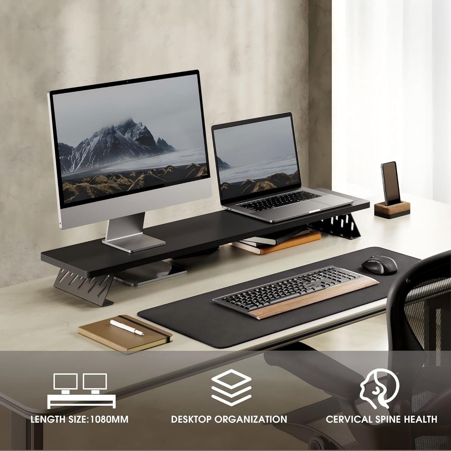image:imageFenge Monitor Stand Riser Desk Top Shelf for 2 Monitors Computer Stands for Desk Wood amp Steel Desktop Riser for Laptop PC PrinterBlack