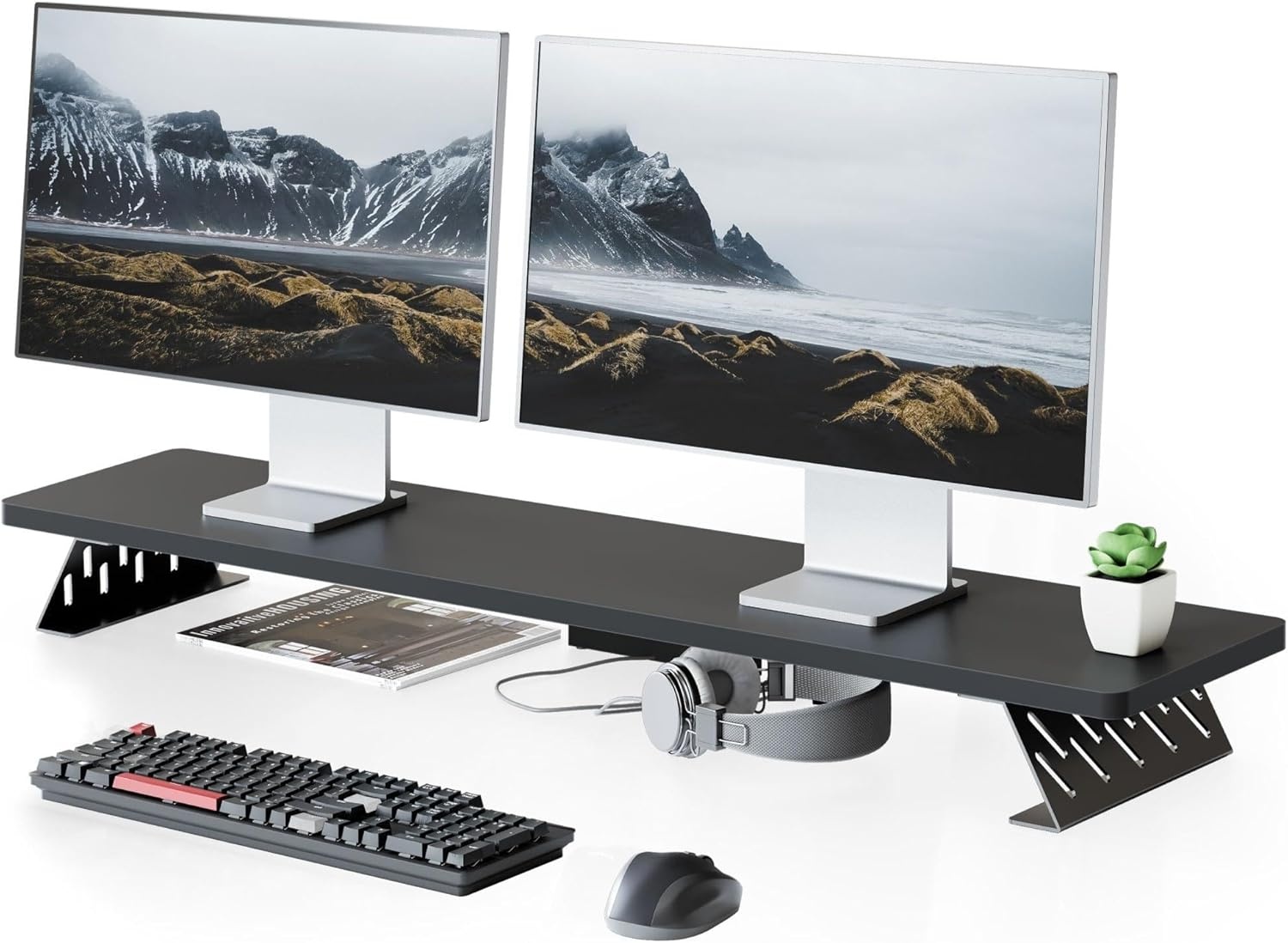 image:imageFenge Monitor Stand Riser Desk Top Shelf for 2 Monitors Computer Stands for Desk Wood amp Steel Desktop Riser for Laptop PC PrinterBlack