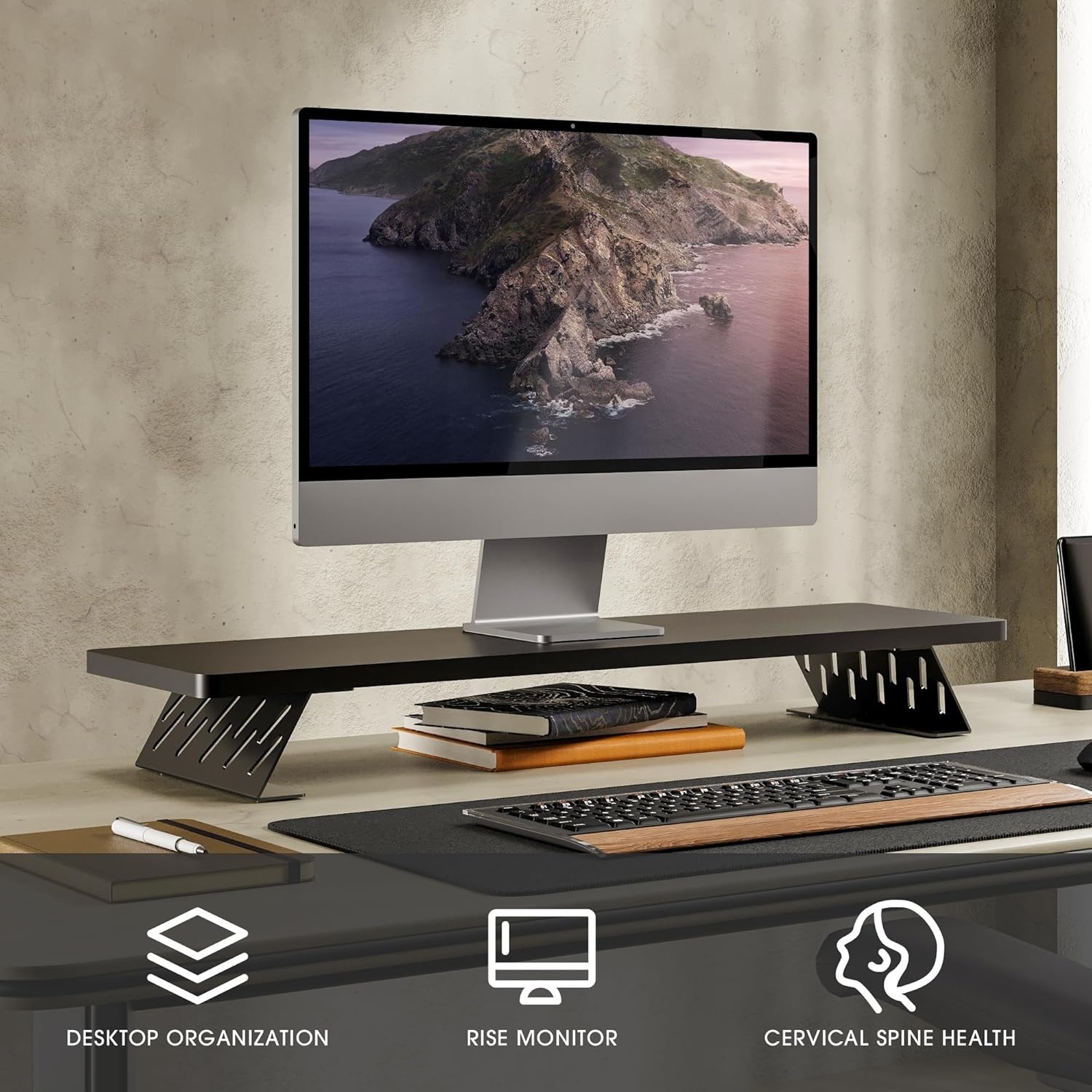 image:imageFenge Monitor Stand Riser Desk Top Shelf for 2 Monitors Computer Stands for Desk Wood amp Steel Desktop Riser for Laptop PC PrinterBlack