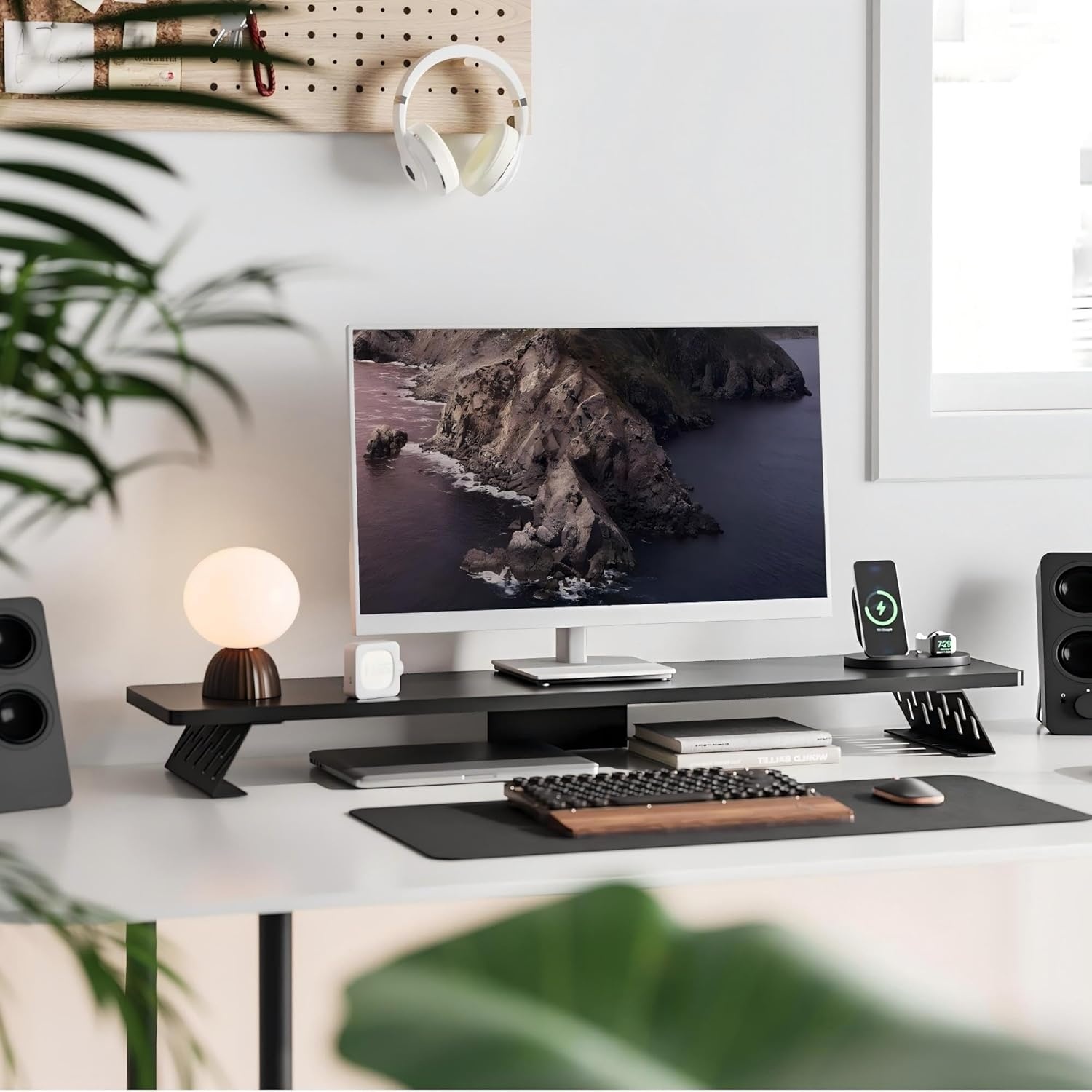 image:imageFenge Monitor Stand Riser Desk Top Shelf for 2 Monitors Computer Stands for Desk Wood amp Steel Desktop Riser for Laptop PC PrinterBlack