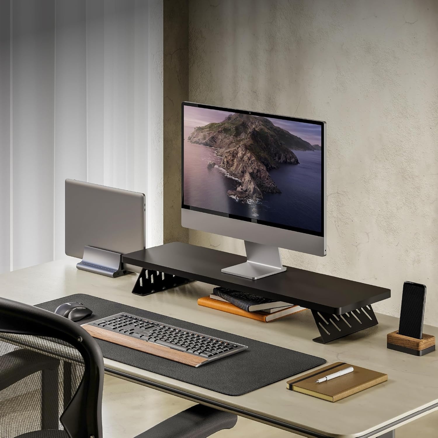image:imageFenge Monitor Stand Riser Desk Top Shelf for 2 Monitors Computer Stands for Desk Wood amp Steel Desktop Riser for Laptop PC PrinterBlack
