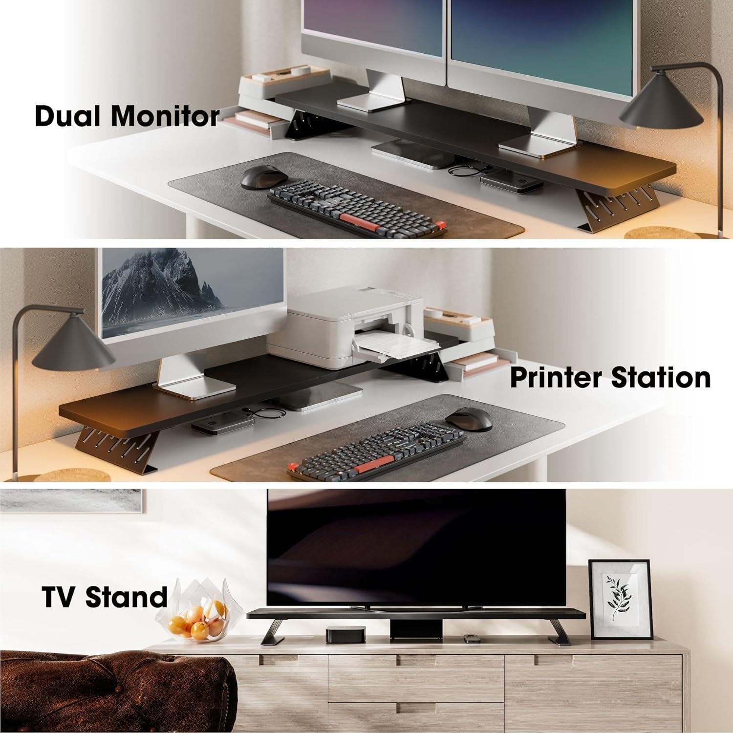image:imageFenge Monitor Stand Riser Desk Top Shelf for 2 Monitors Computer Stands for Desk Wood amp Steel Desktop Riser for Laptop PC PrinterBlack