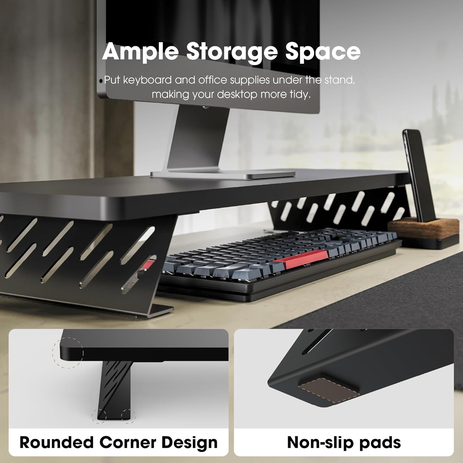 image:imageFenge Monitor Stand Riser Desk Top Shelf for 2 Monitors Computer Stands for Desk Wood amp Steel Desktop Riser for Laptop PC PrinterBlack