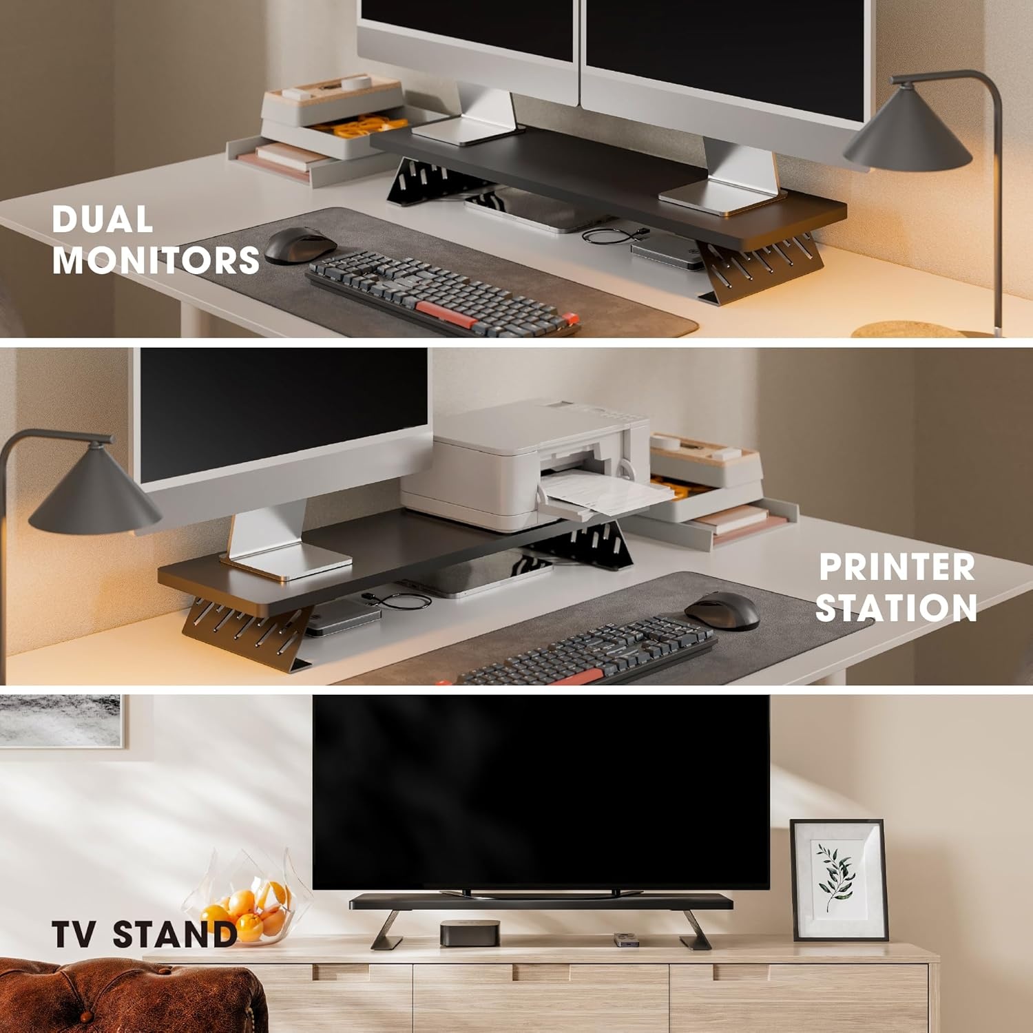 image:imageFenge Monitor Stand Riser Desk Top Shelf for 2 Monitors Computer Stands for Desk Wood amp Steel Desktop Riser for Laptop PC PrinterBlack