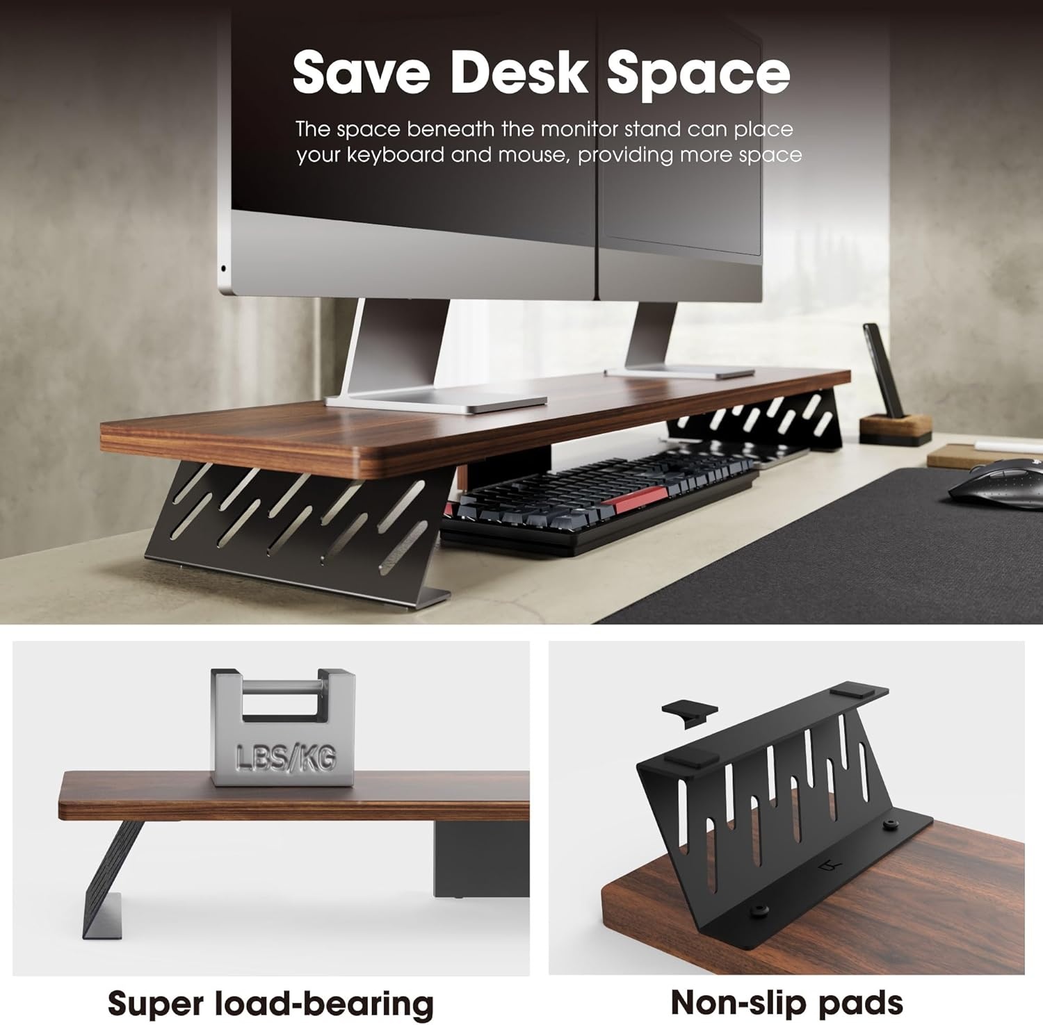 image:imageFenge Monitor Stand Riser Desk Top Shelf for 2 Monitors Computer Stands for Desk Wood amp Steel Desktop Riser for Laptop PC PrinterBrown