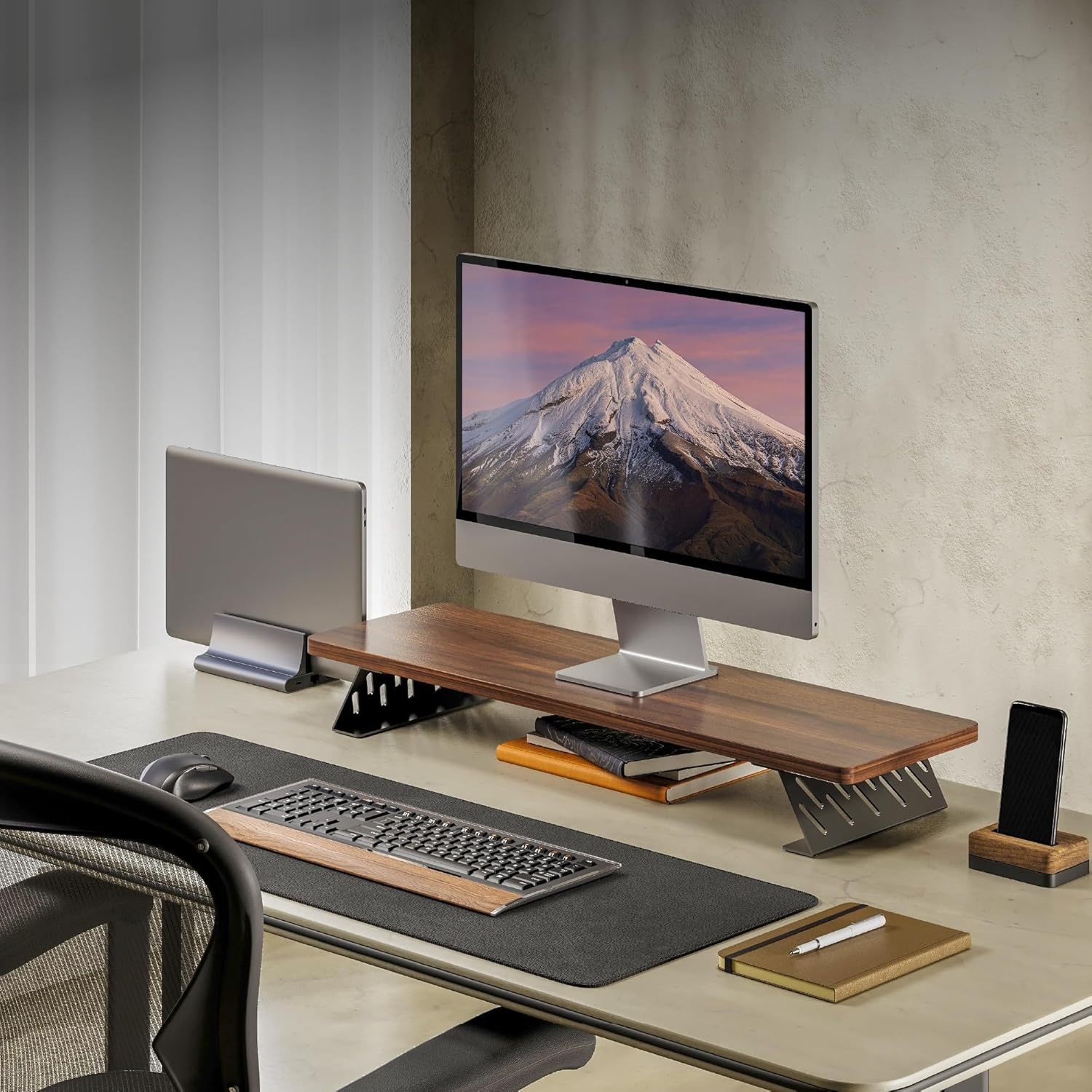 image:imageFenge Monitor Stand Riser Desk Top Shelf for 2 Monitors Computer Stands for Desk Wood amp Steel Desktop Riser for Laptop PC PrinterBrown