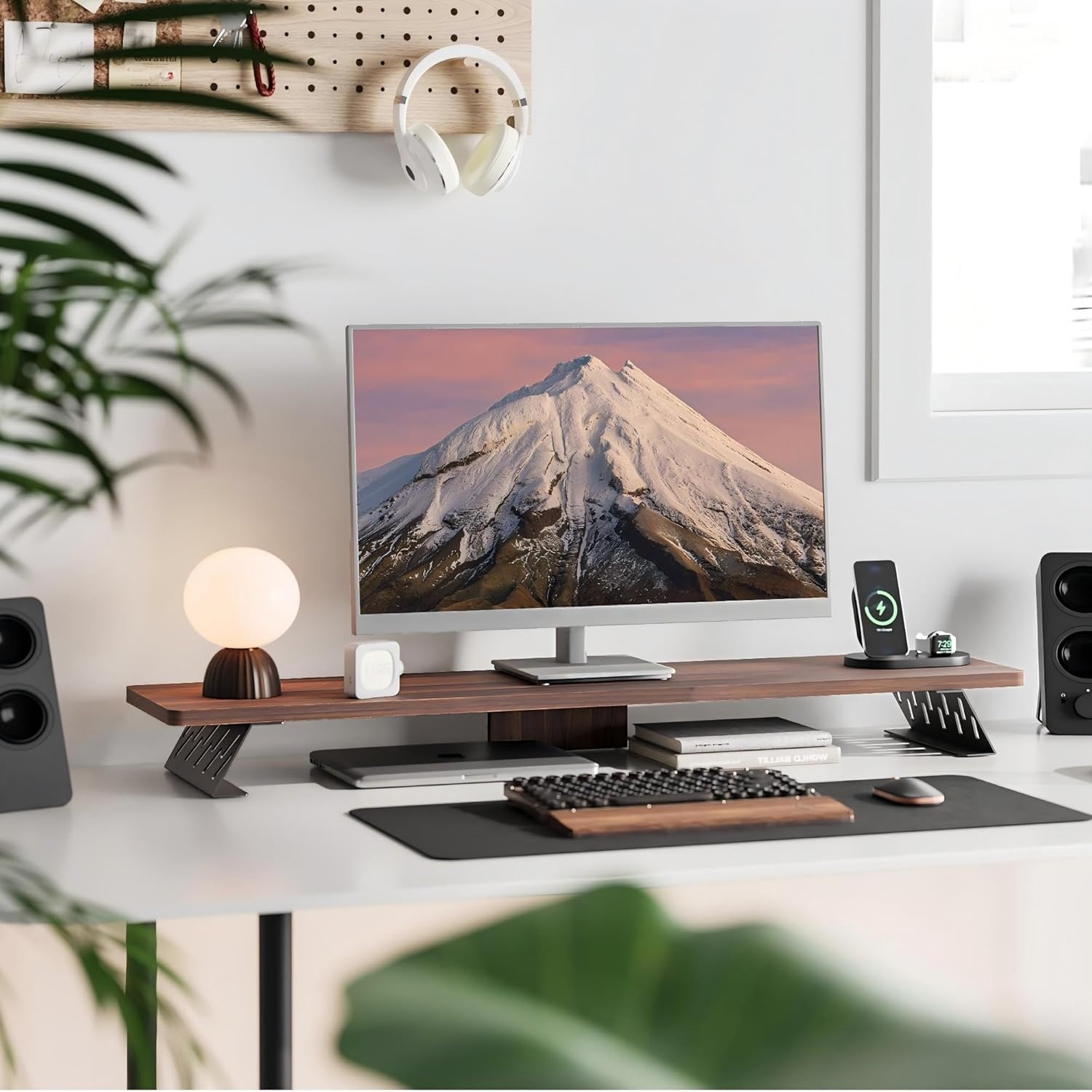 image:imageFenge Monitor Stand Riser Desk Top Shelf for 2 Monitors Computer Stands for Desk Wood amp Steel Desktop Riser for Laptop PC PrinterBrown
