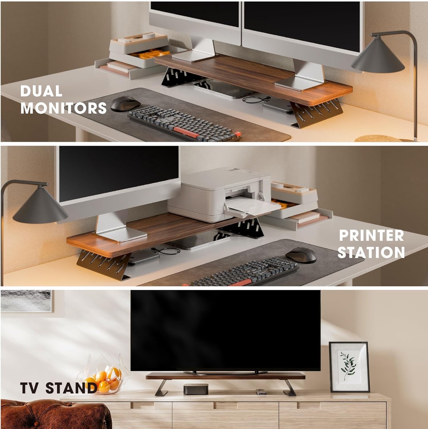 image:imageFenge Monitor Stand Riser Desk Top Shelf for 2 Monitors Computer Stands for Desk Wood amp Steel Desktop Riser for Laptop PC PrinterBrown