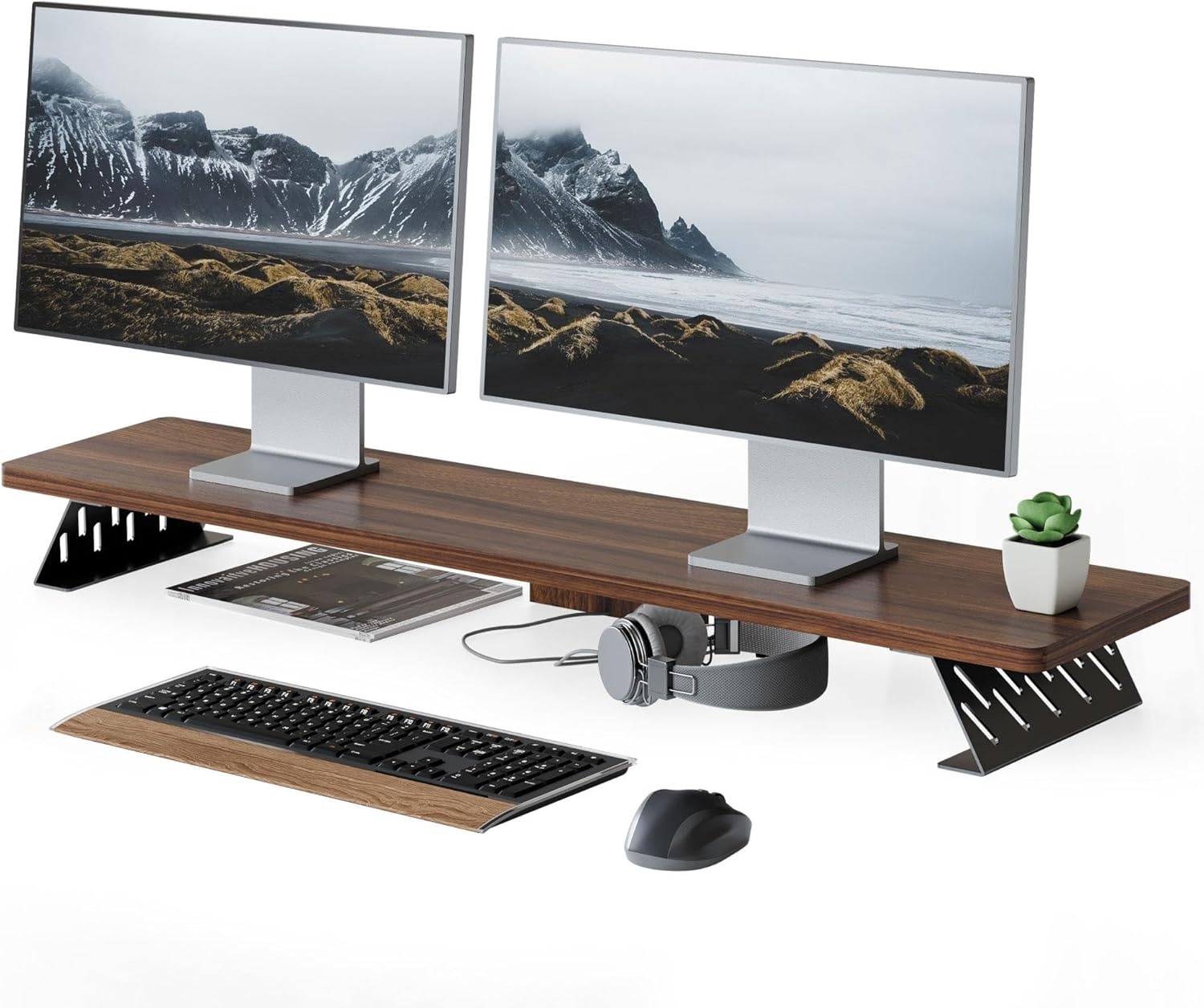 image:imageFenge Monitor Stand Riser Desk Top Shelf for 2 Monitors Computer Stands for Desk Wood amp Steel Desktop Riser for Laptop PC PrinterBrown