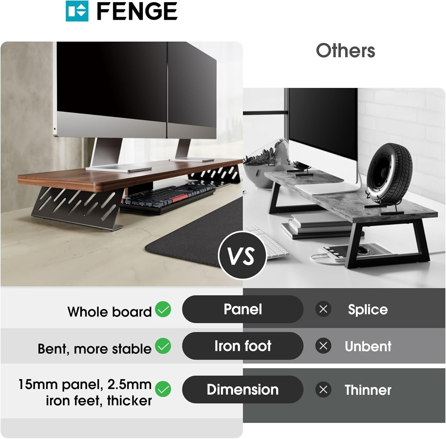 image:imageFenge Monitor Stand Riser Desk Top Shelf for 2 Monitors Computer Stands for Desk Wood amp Steel Desktop Riser for Laptop PC PrinterBrown