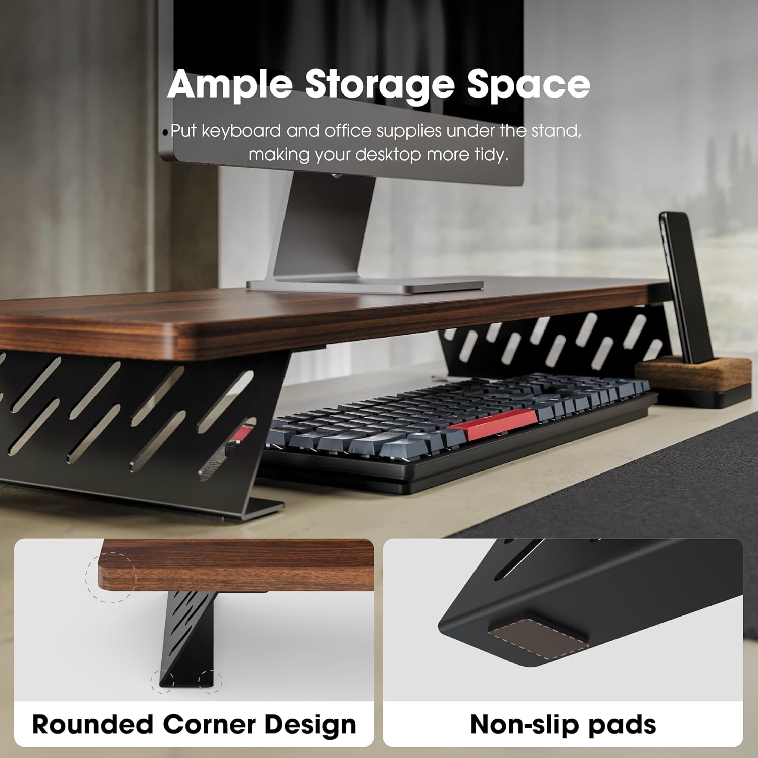 image:imageFenge Monitor Stand Riser Desk Top Shelf for 2 Monitors Computer Stands for Desk Wood amp Steel Desktop Riser for Laptop PC PrinterBrown