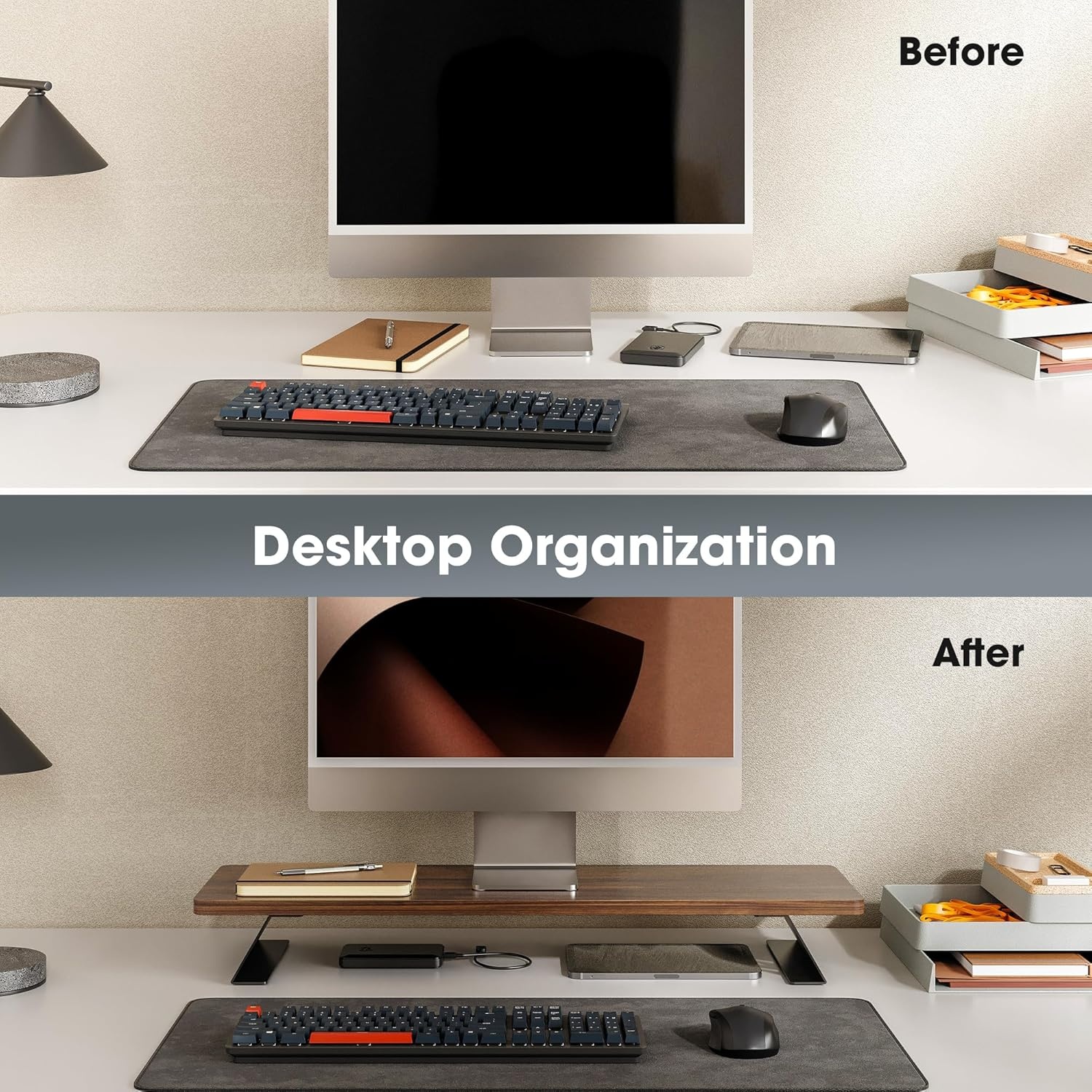 image:imageFenge Monitor Stand Riser Desk Top Shelf for 2 Monitors Computer Stands for Desk Wood amp Steel Desktop Riser for Laptop PC PrinterBrown