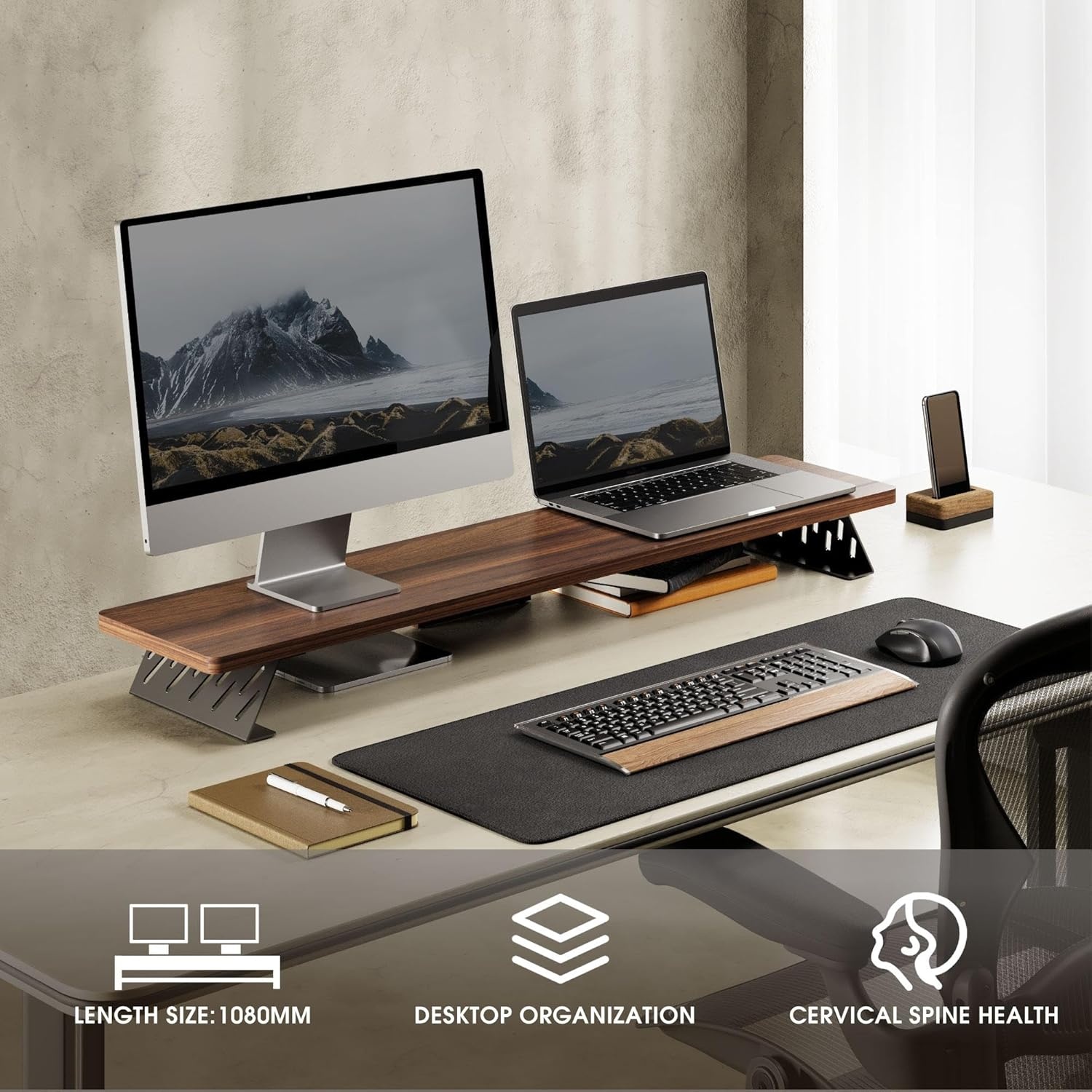 image:imageFenge Monitor Stand Riser Desk Top Shelf for 2 Monitors Computer Stands for Desk Wood amp Steel Desktop Riser for Laptop PC PrinterBrown