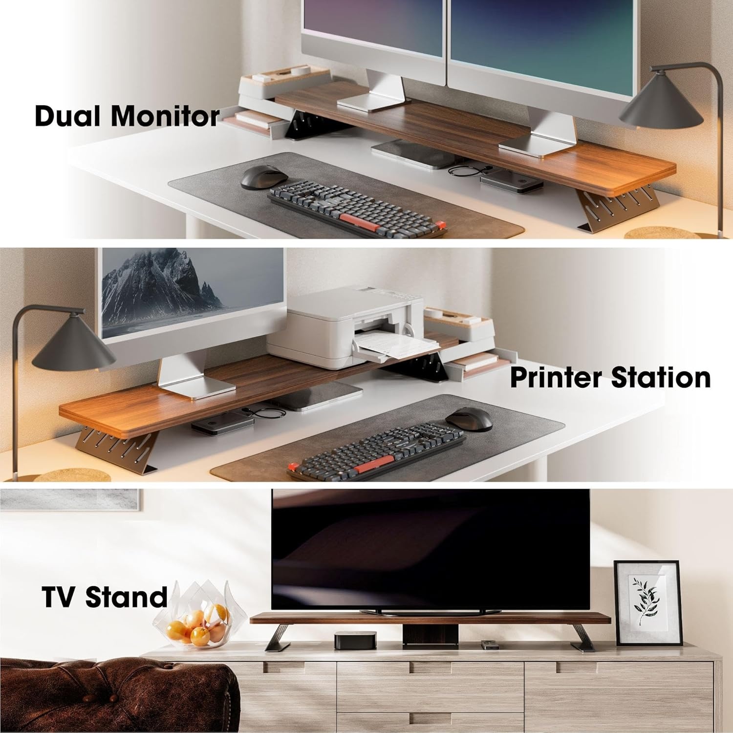 image:imageFenge Monitor Stand Riser Desk Top Shelf for 2 Monitors Computer Stands for Desk Wood amp Steel Desktop Riser for Laptop PC PrinterBrown