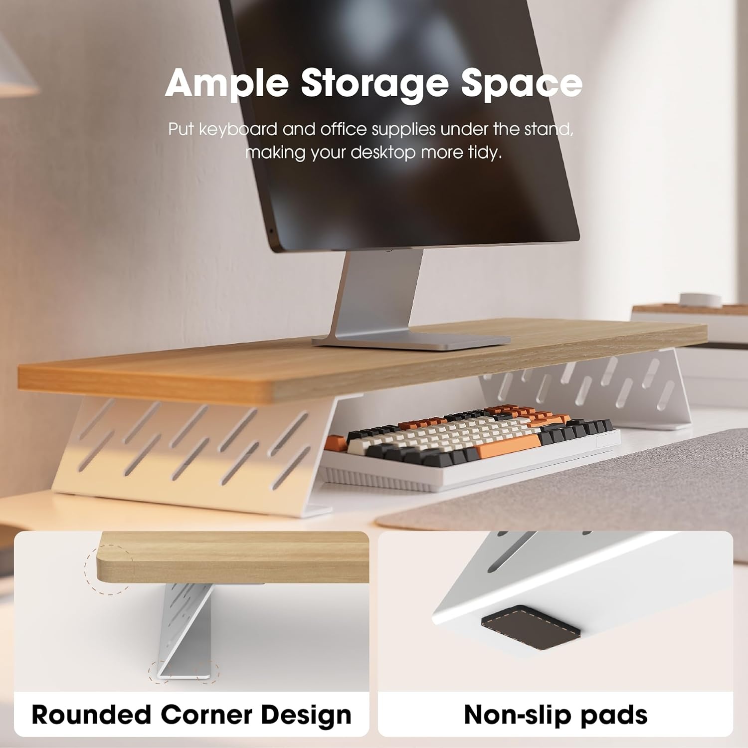 image:imageFenge Monitor Stand Riser Desk Top Shelf for 2 Monitors Computer Stands for Desk Wood amp Steel Desktop Riser for Laptop PC PrinterOak