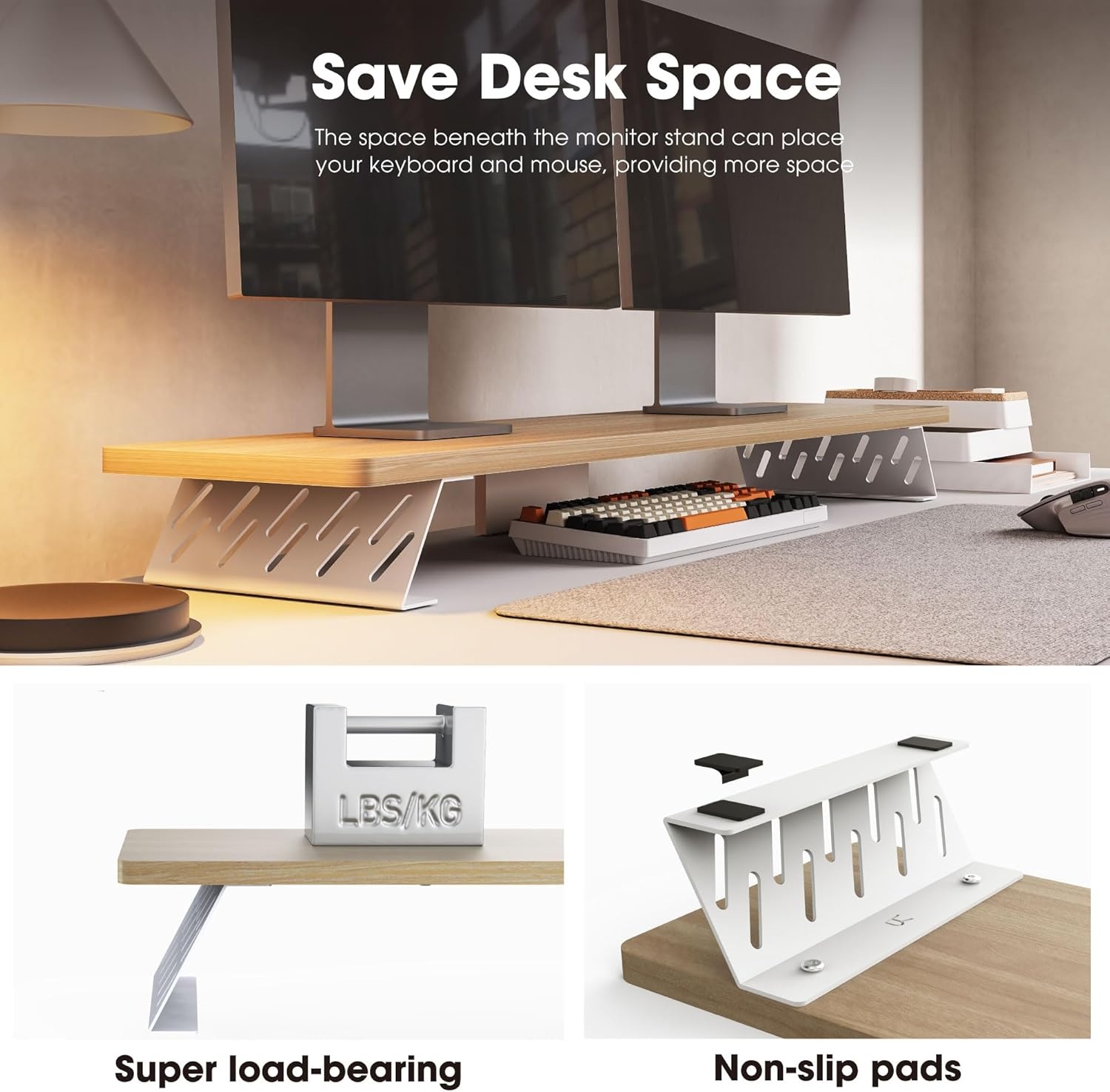 image:imageFenge Monitor Stand Riser Desk Top Shelf for 2 Monitors Computer Stands for Desk Wood amp Steel Desktop Riser for Laptop PC PrinterOak