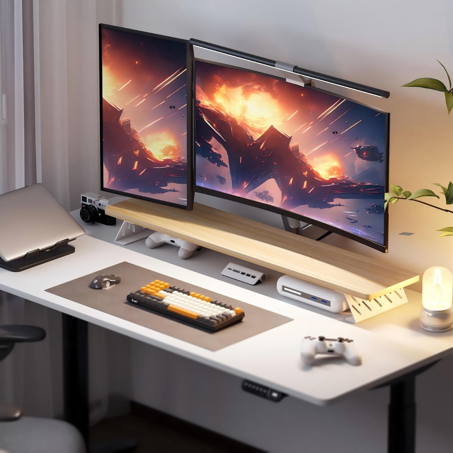 image:imageFenge Monitor Stand Riser Desk Top Shelf for 2 Monitors Computer Stands for Desk Wood amp Steel Desktop Riser for Laptop PC PrinterOak