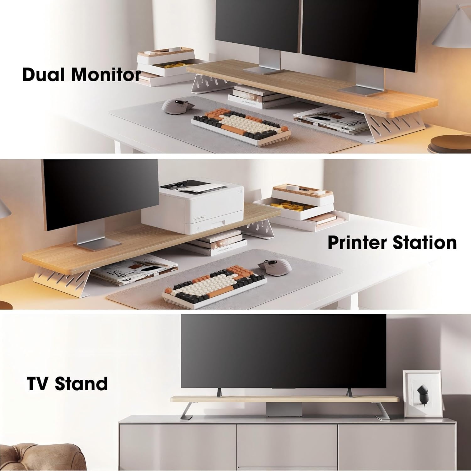 image:imageFenge Monitor Stand Riser Desk Top Shelf for 2 Monitors Computer Stands for Desk Wood amp Steel Desktop Riser for Laptop PC PrinterOak