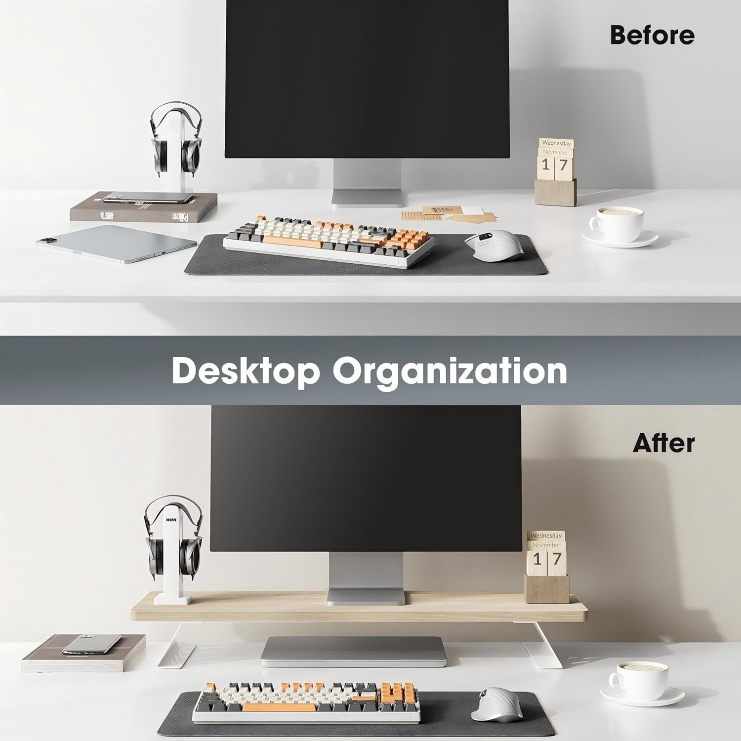 image:imageFenge Monitor Stand Riser Desk Top Shelf for 2 Monitors Computer Stands for Desk Wood amp Steel Desktop Riser for Laptop PC PrinterOak